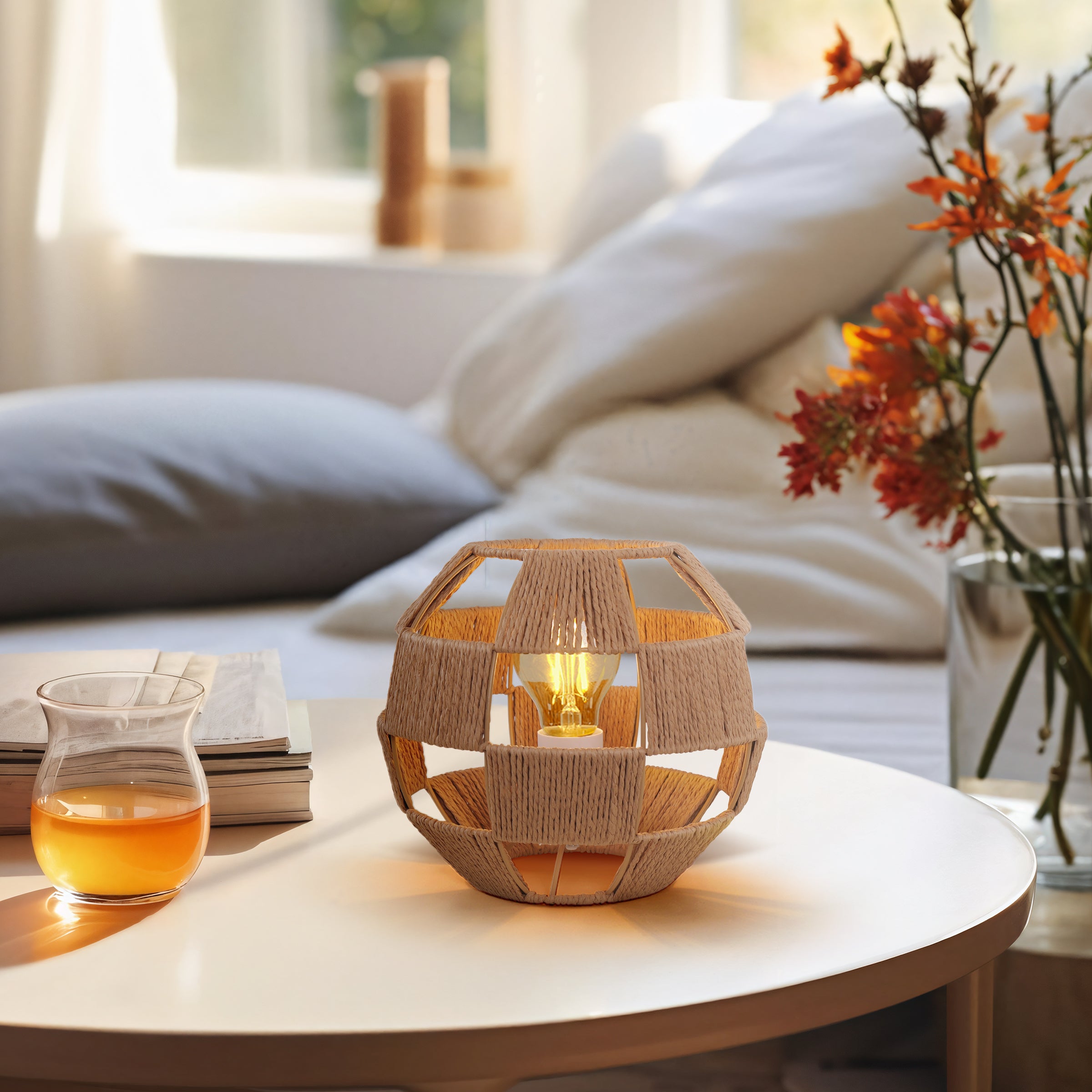 Handwoven Jute Globe Table Lamp - Eco-friendly Spherical Bedside Desk Lighting