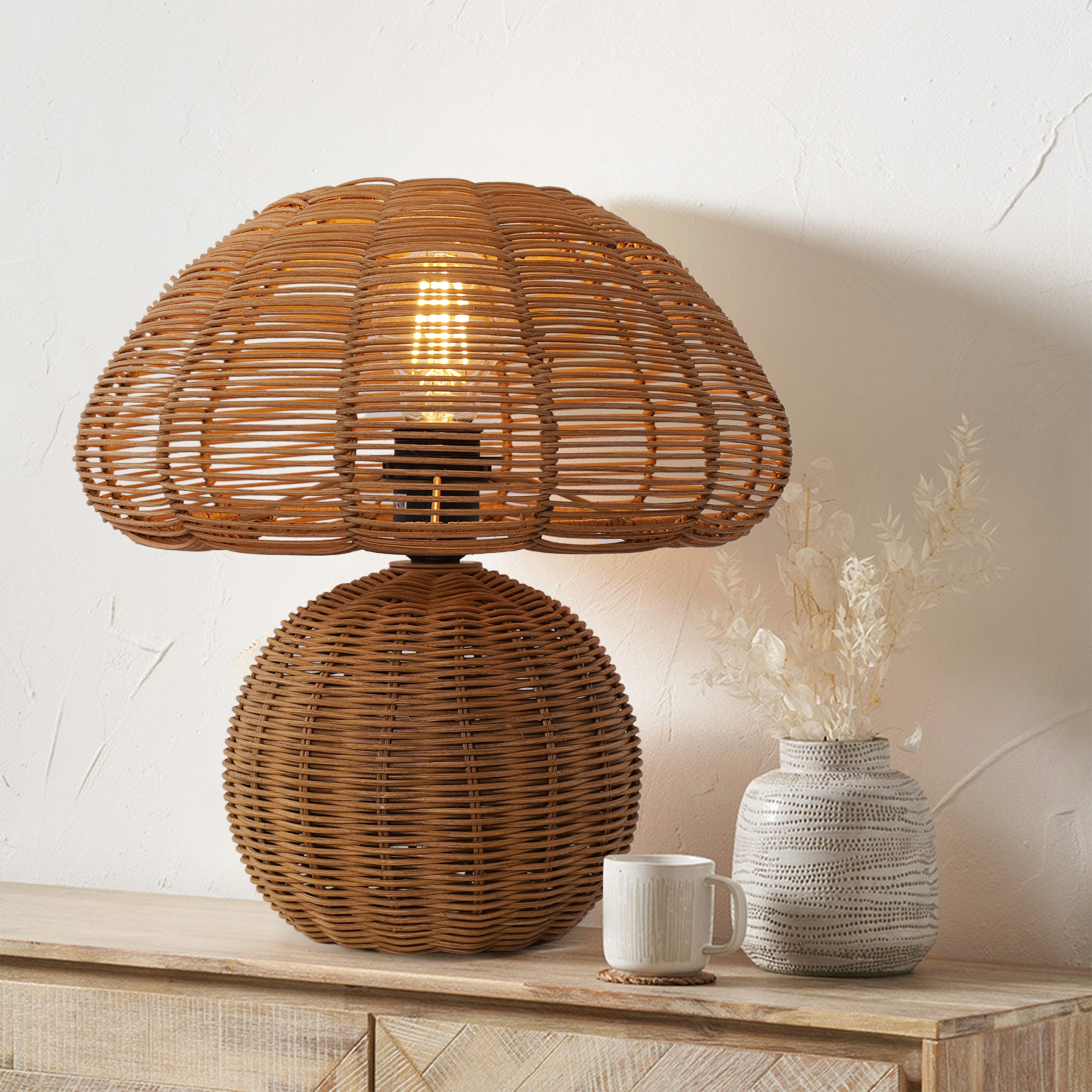 Mushroom-Shaped Handcrafted Rattan Table Lamp for Bedroom & Living Room