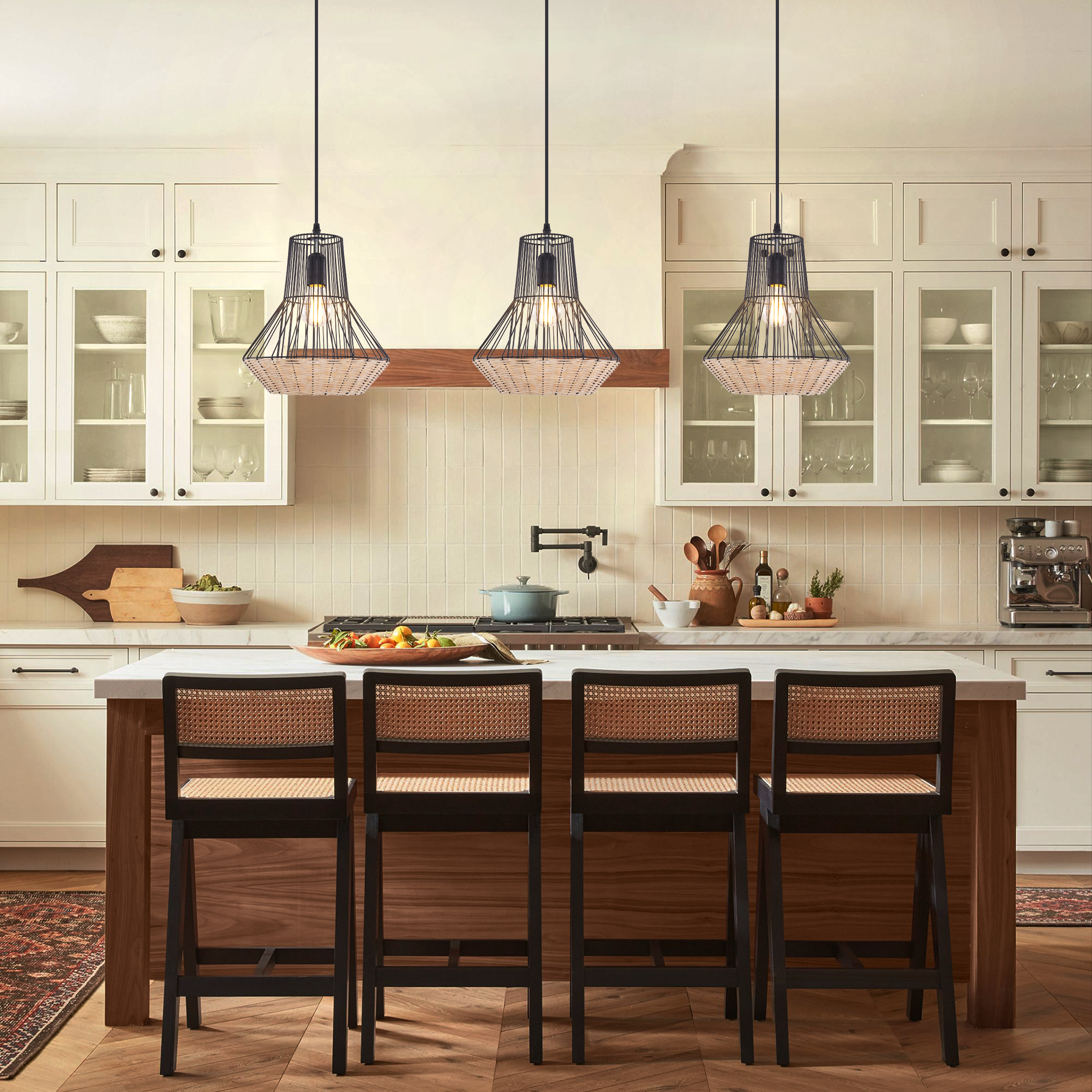 Geometric Rattan and Iron Pendant Light for Dining, Kitchen, and Living Rooms
