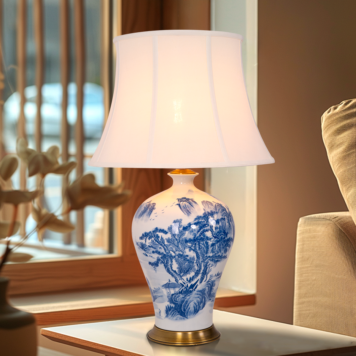 Classic Blue and White Ceramic Table Lamp with Fabric Shade