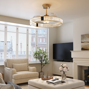 Gold crystal ceiling fan with LED light shown in a stylish bedroom interior