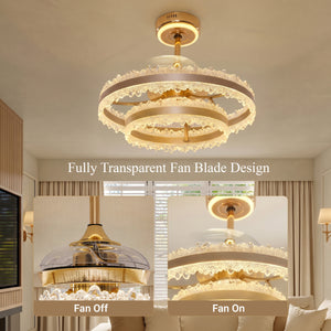 Transparent retractable fan blades shown open and closed on a gold halo ceiling light