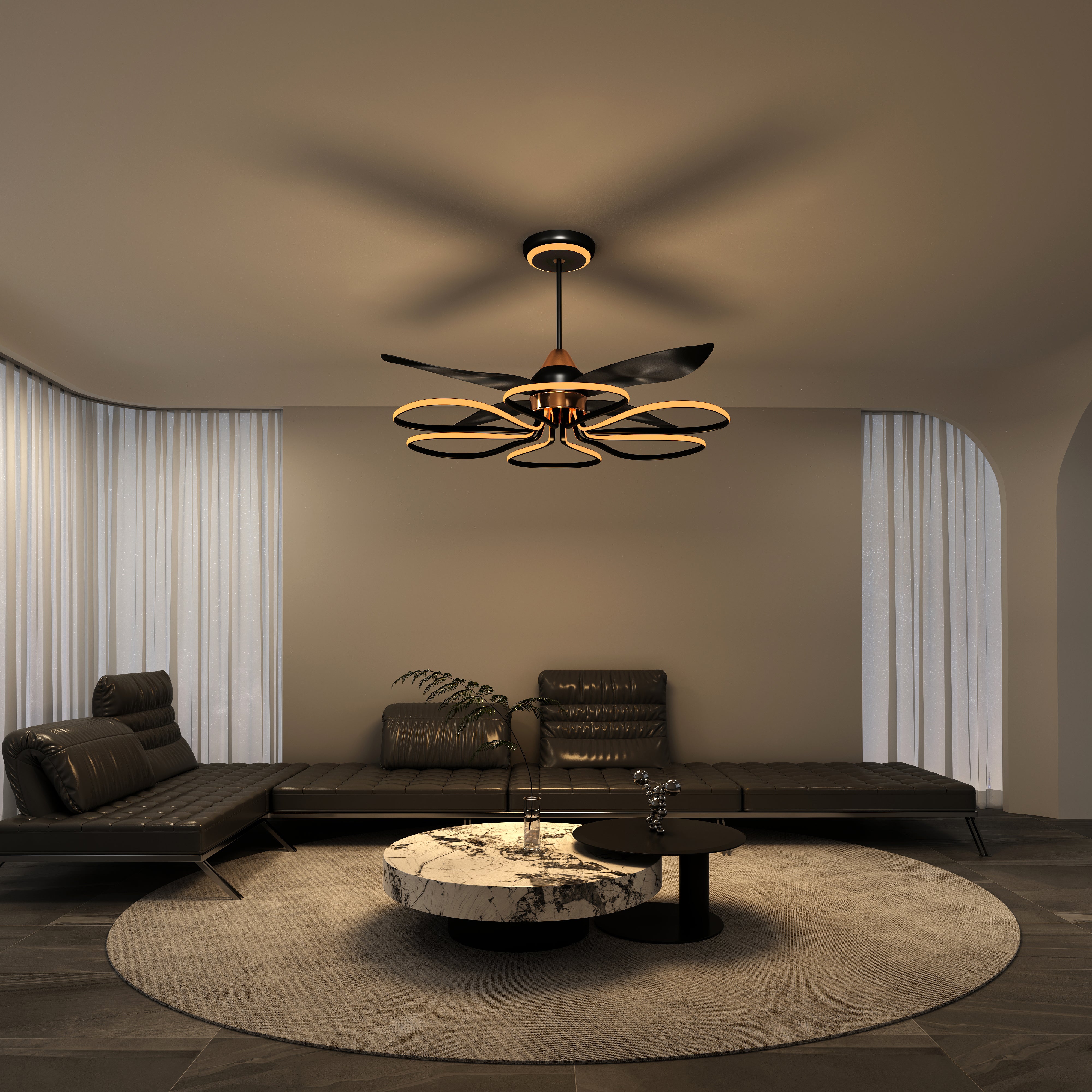 Contemporary Aluminum Black Ceiling Fan with Light, 6-Speed Control & Stepless Dimming