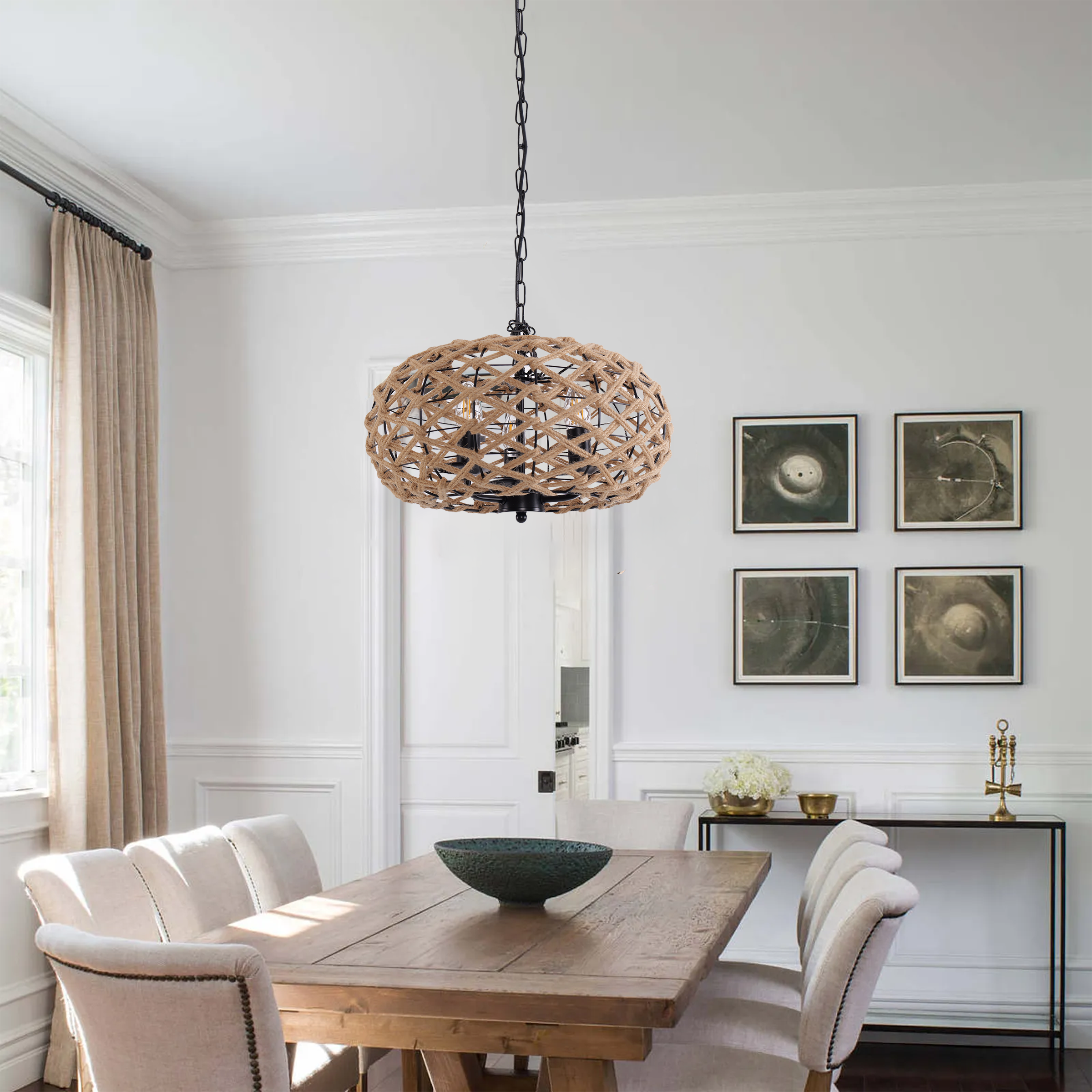 Rustic Globe Ceiling Pendant Light with Hemp Rope and Iron Frame – Kitchen & Dining Room Lighting Fixture