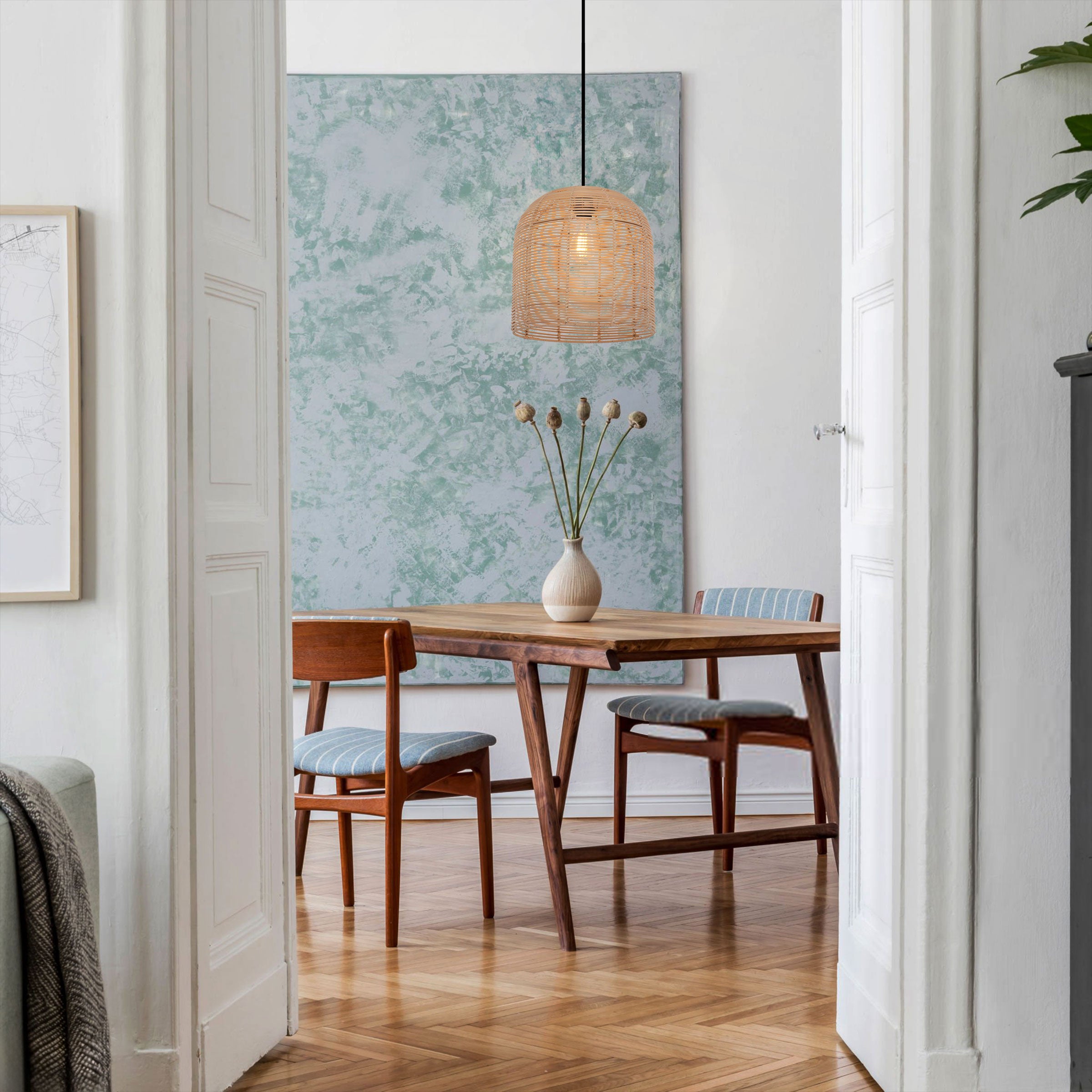 Rustic Woven Rattan and Iron Dome Pendant Light for Cozy Spaces