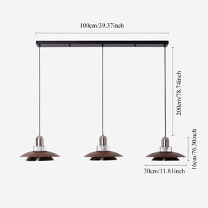 3-light walnut iron bar pendant with shade and canopy details