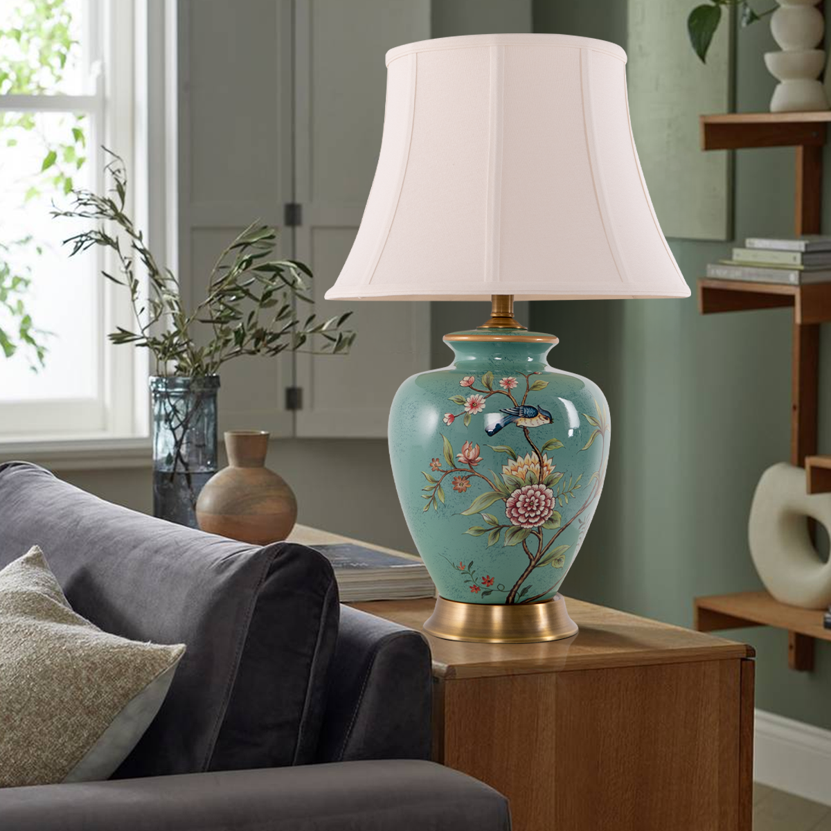 Vintage Green Floral Ceramic Table Lamp with Fabric Shade