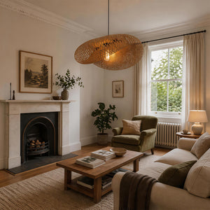 bamboo pendant light warming a classic living room with fireplace