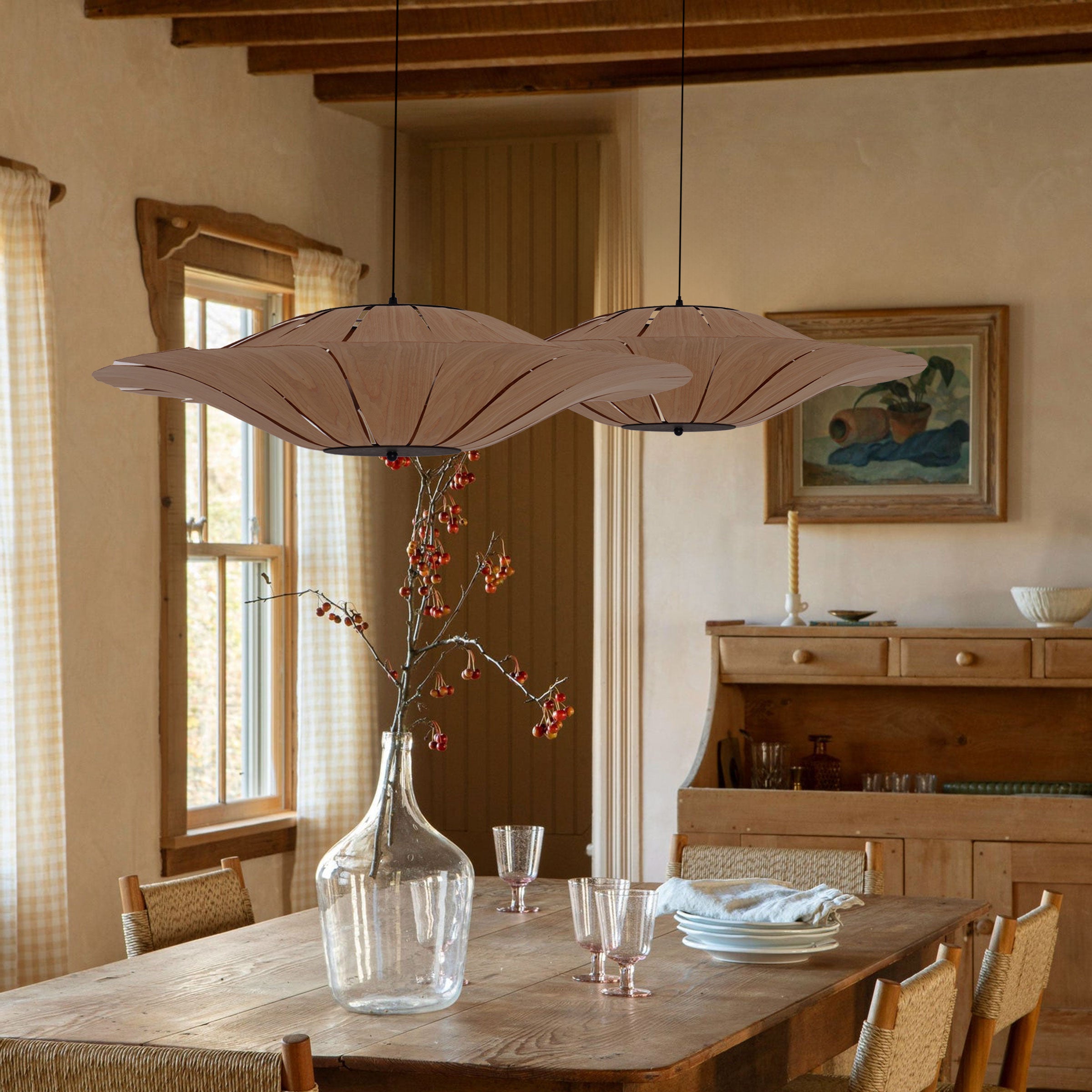 Large Wood Veneer LED Pendant Ceiling Light for Dining & Living Rooms