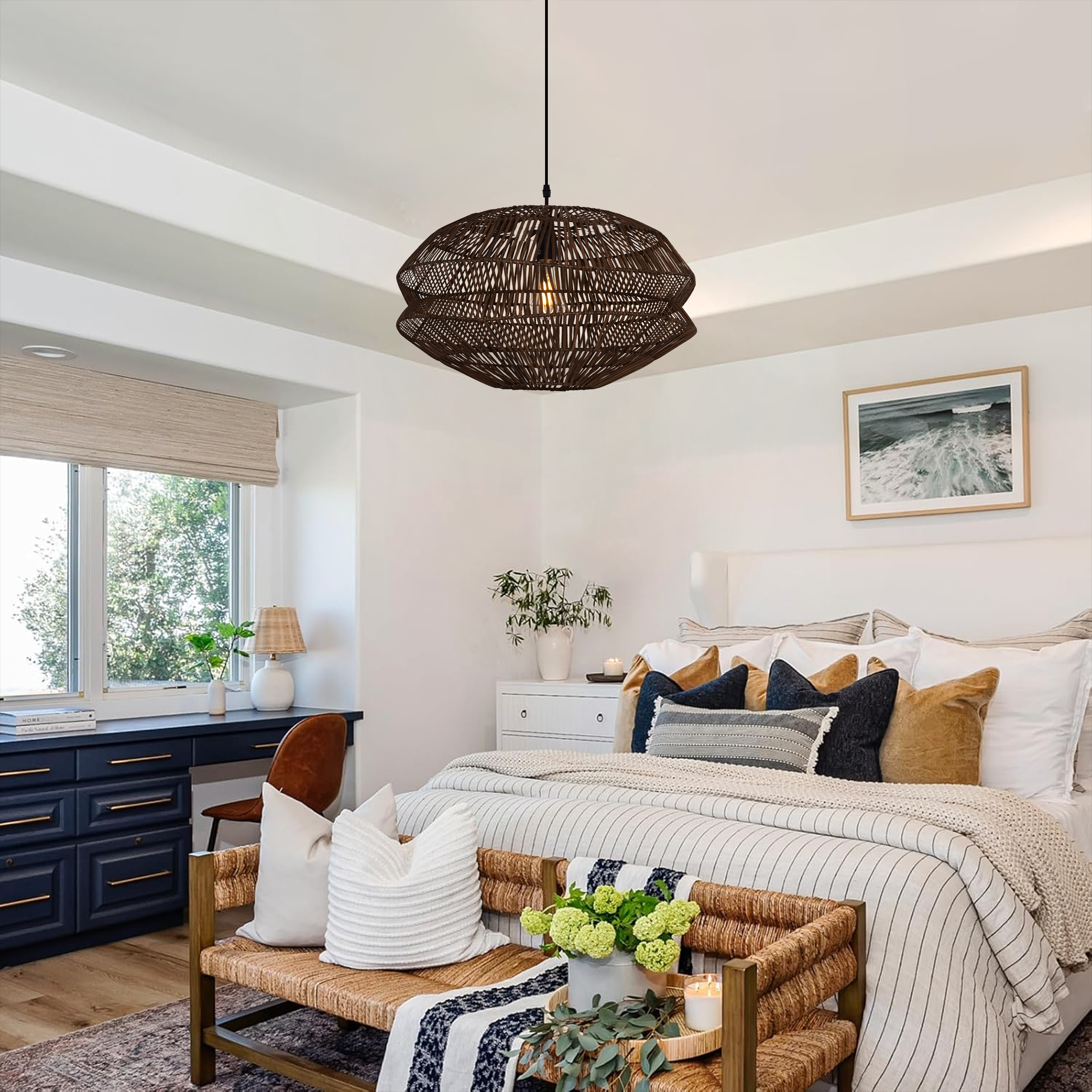 Eco-Friendly Handwoven Rustic Farmhouse Rattan Pendant Light