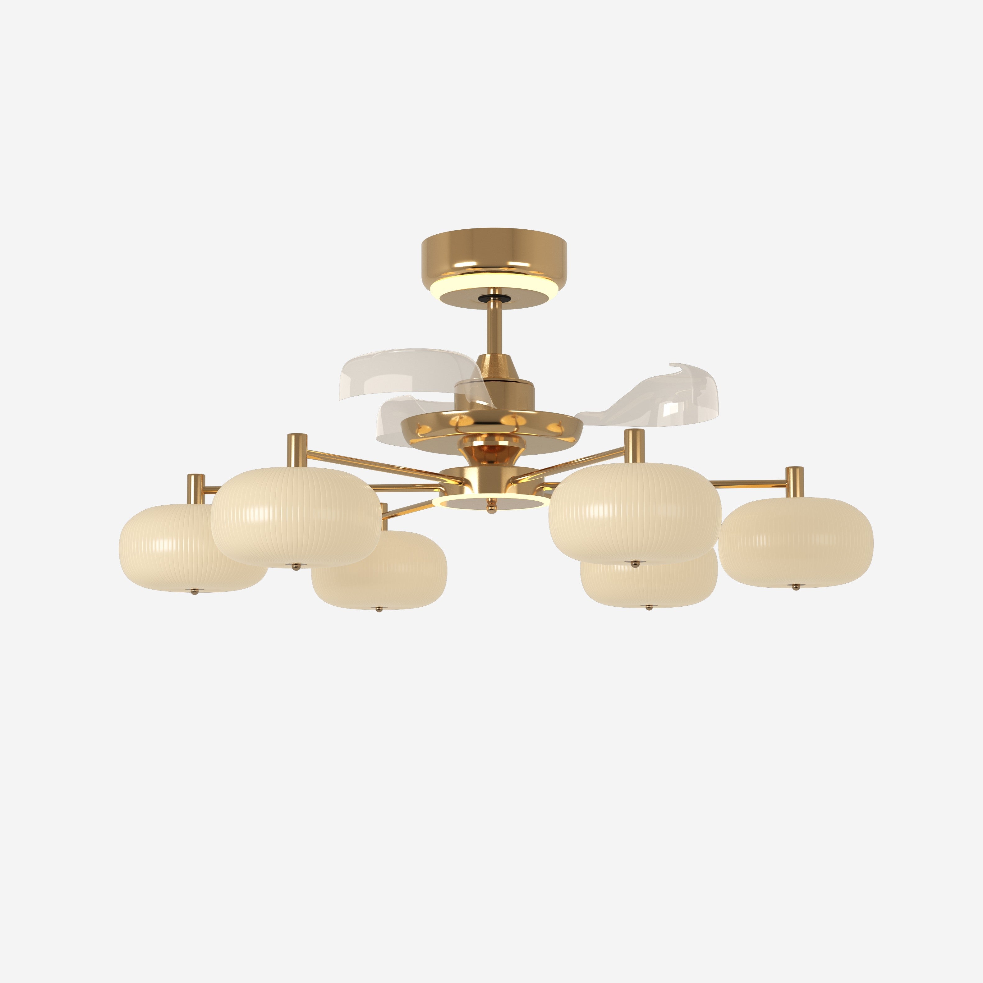 Copper acrylic ceiling fan light with six globe shades on white background