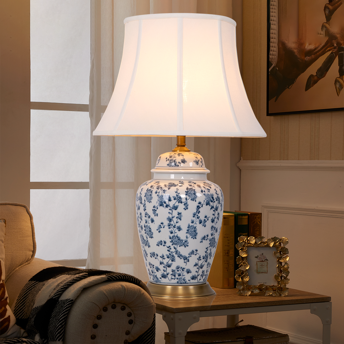 Large Blue Floral Ceramic Table Lamp with Brass Base & Fabric Shade – Elegant Bedroom & Living Room Lighting