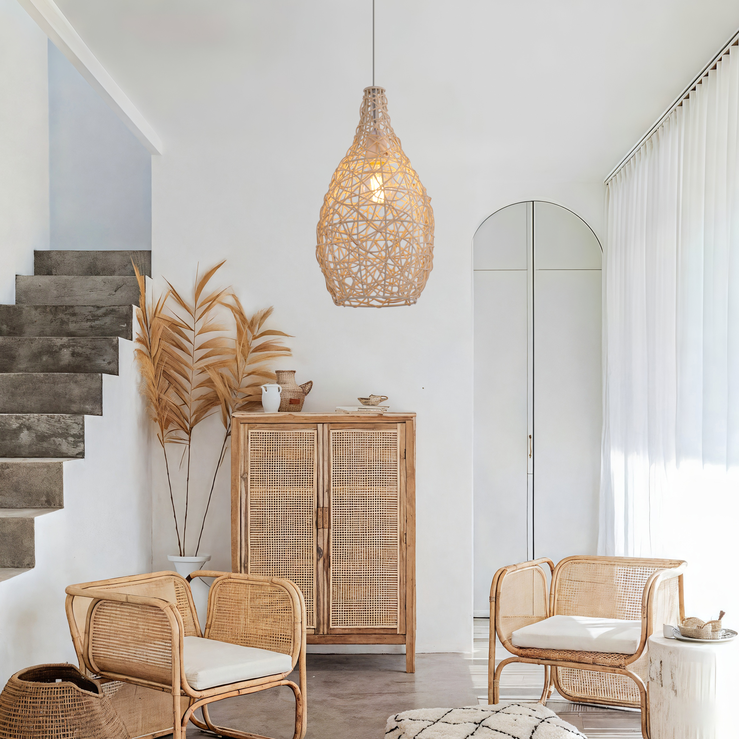 Natural Rattan and Bamboo Pendant Light with Iron Frame