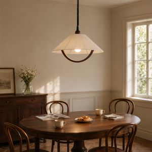 natural wood curved pendant light with shade and canopy details