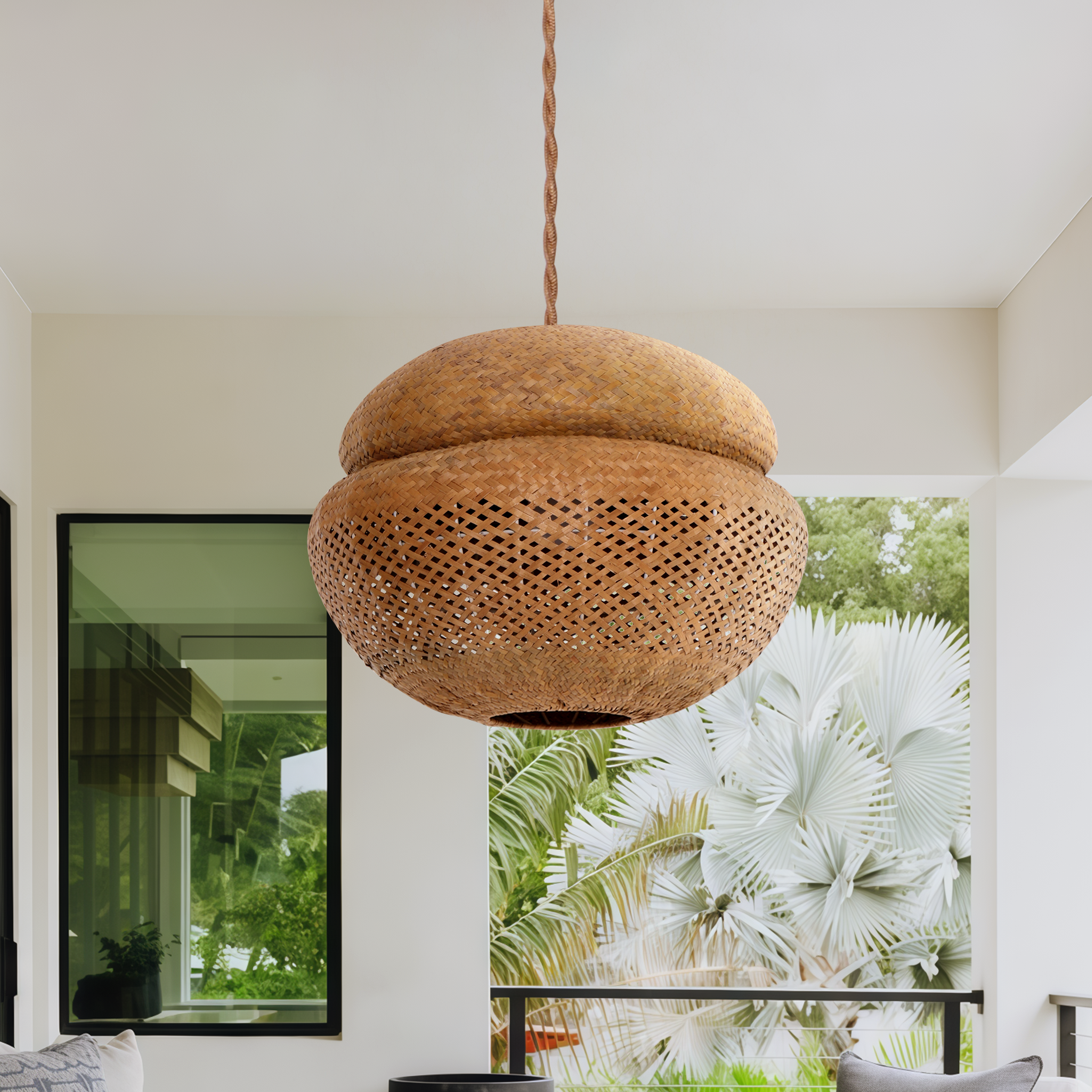 Handwoven Natural Bulrush Pendant Light - Eco-Friendly Bohemian Lighting for Living Room & Dining Area