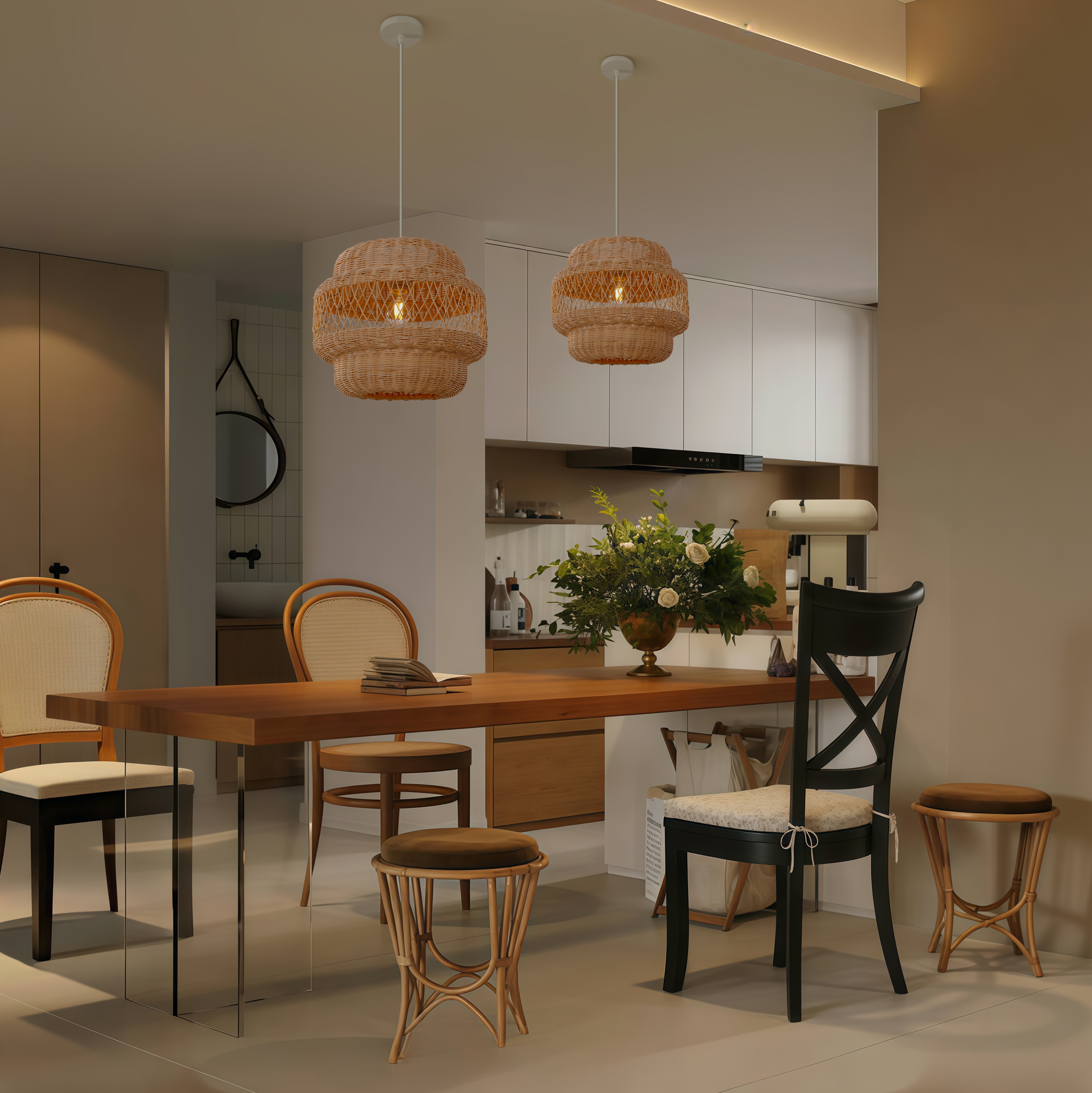 Hollow Weave Rattan Pendant Light for Living Room, Dining Room & Bedroom