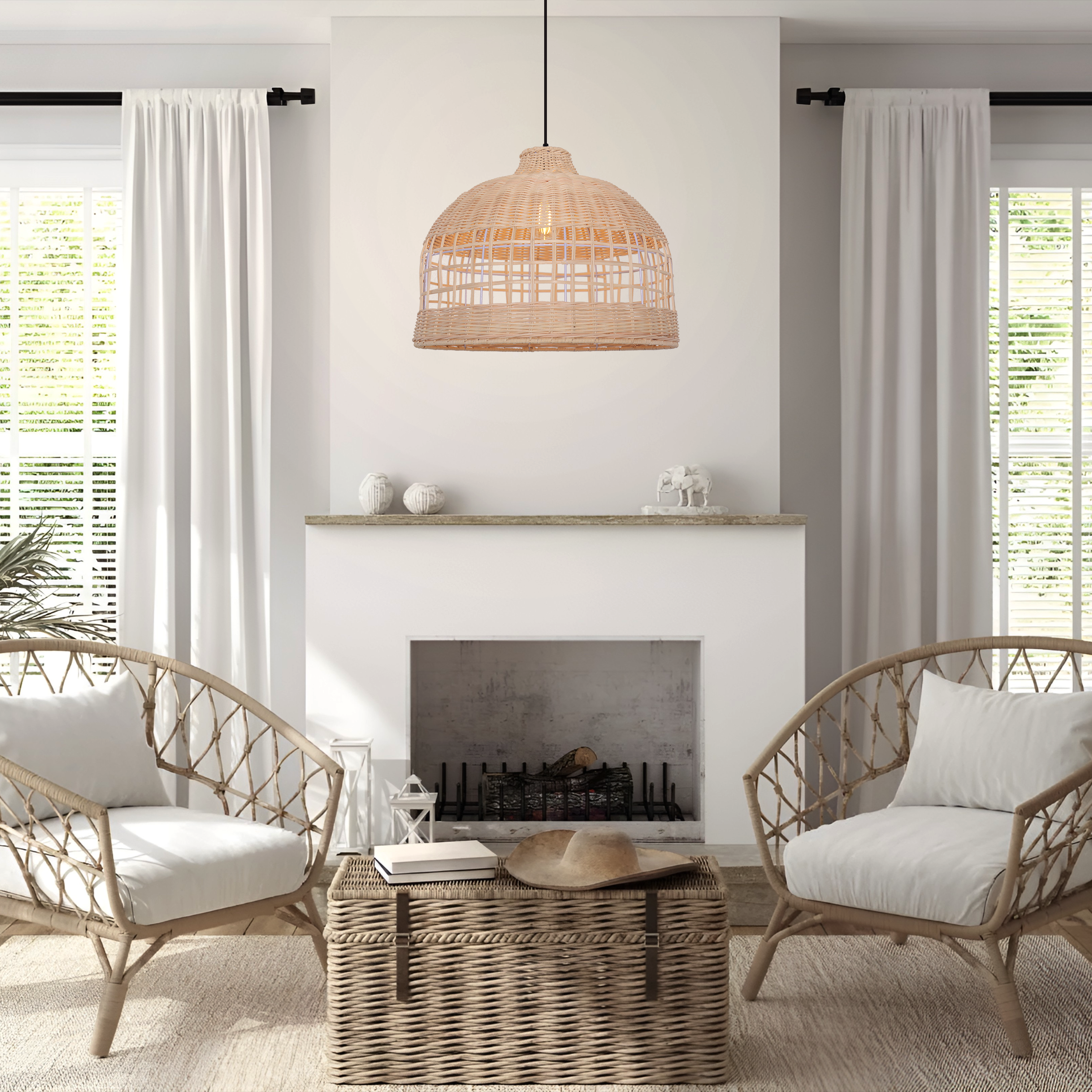 Elegant Openwork Rattan Pendant Light with Lattice-Cut Design