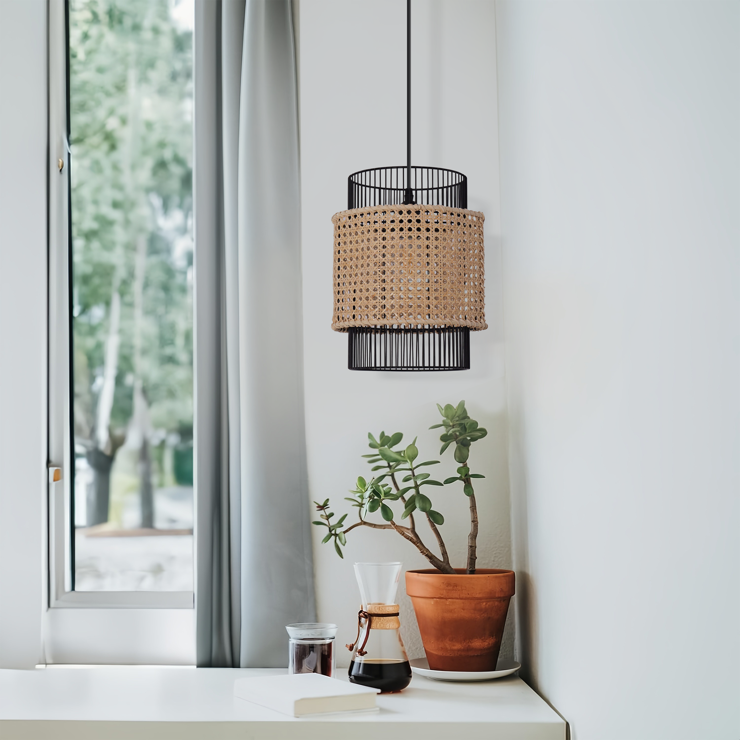 Elegant Black Frame with Handwoven Rattan Pendant Light