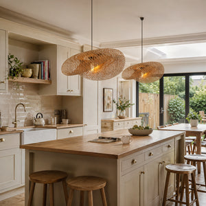 two bamboo pendant lights above a cream kitchen island