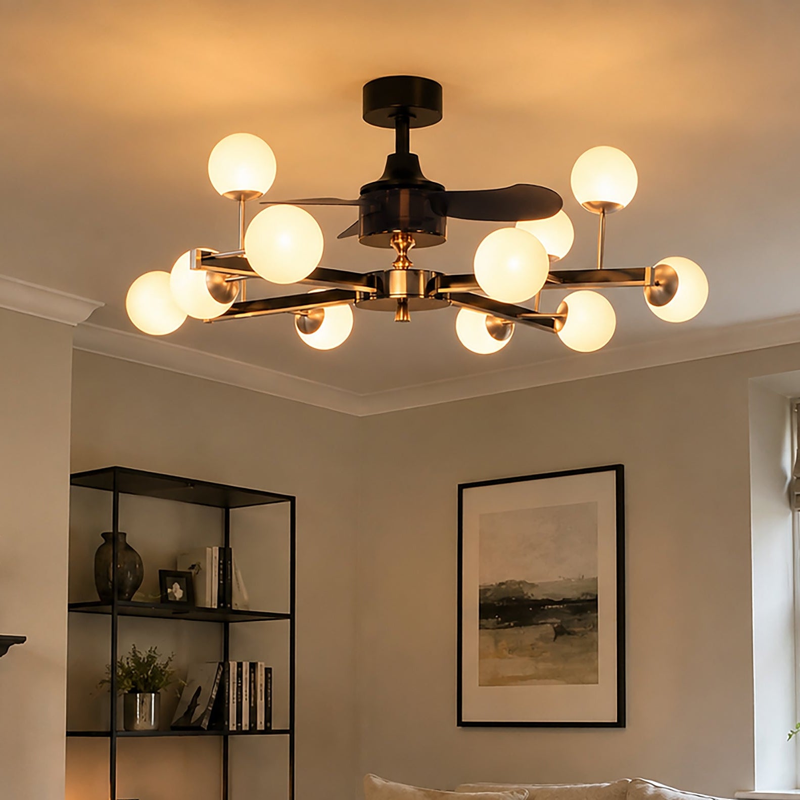 Modern Black & Gold Sphere Finish 3-Blade Ceiling Fan Light with Remote