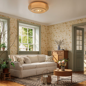 bamboo rattan ceiling light in a cozy living room