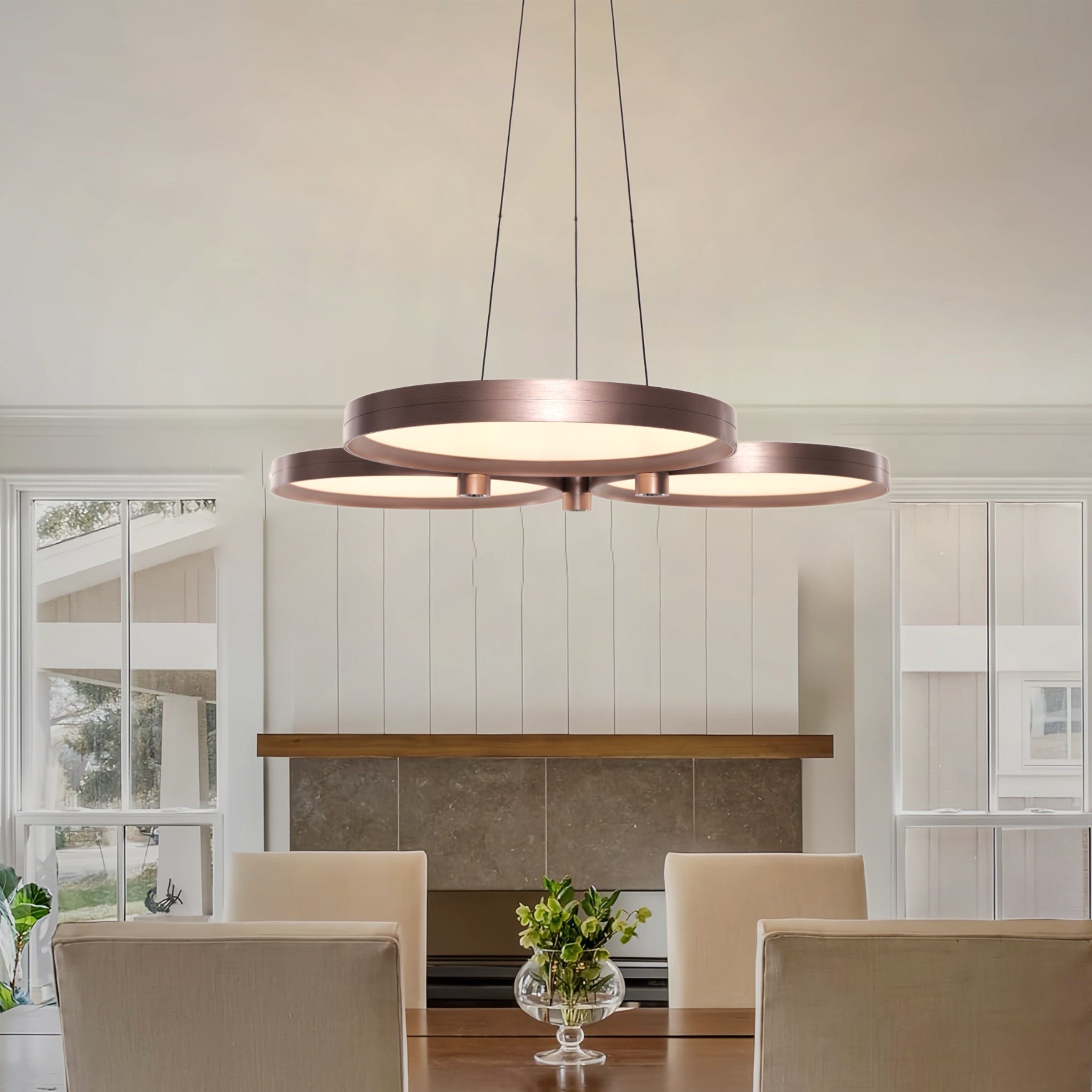 Champagne Gold Triple-Ring Stepless Dimming Pendant Light