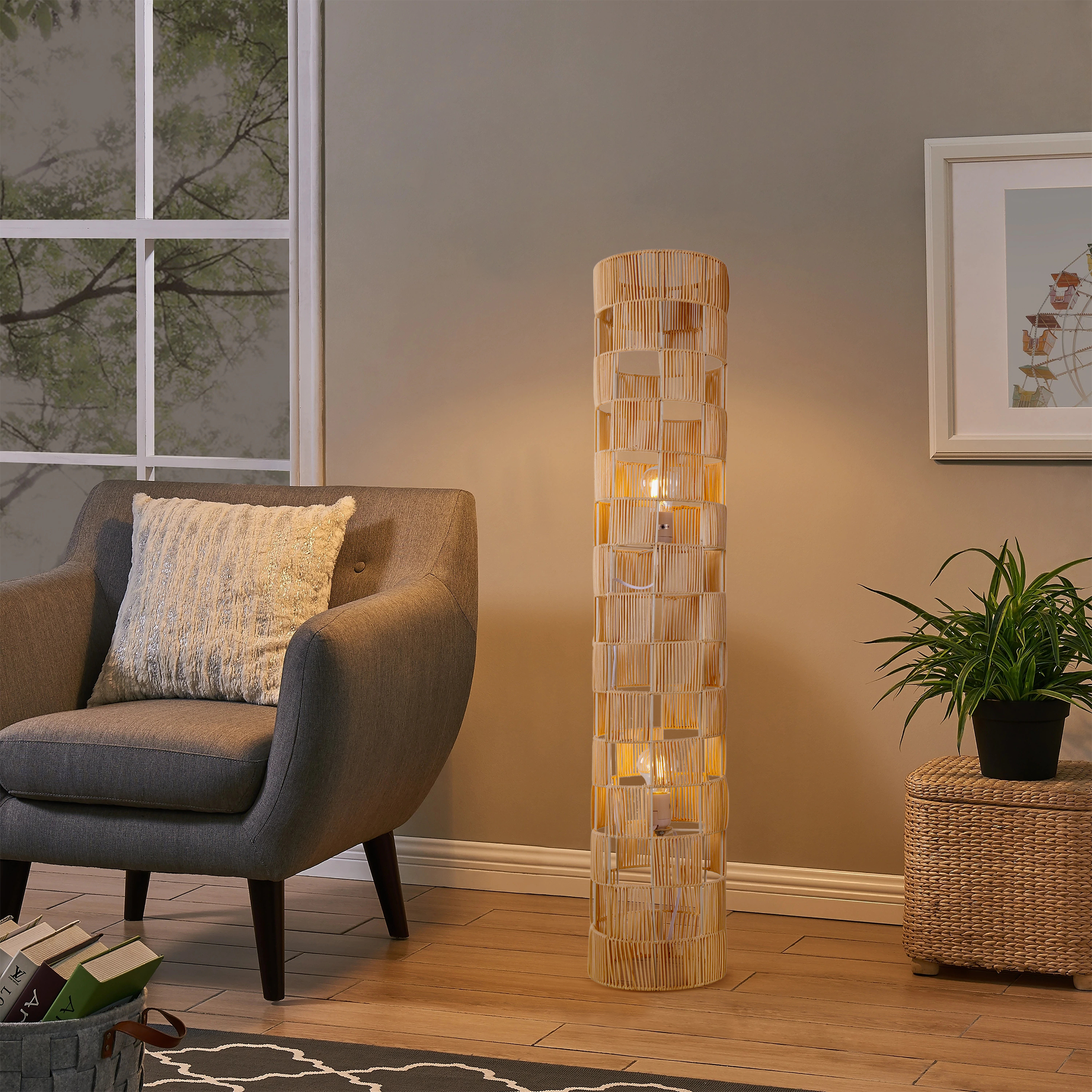 47inch Minimalist Square Hollow Rattan Floor Lamp for Living Room & Bedroom