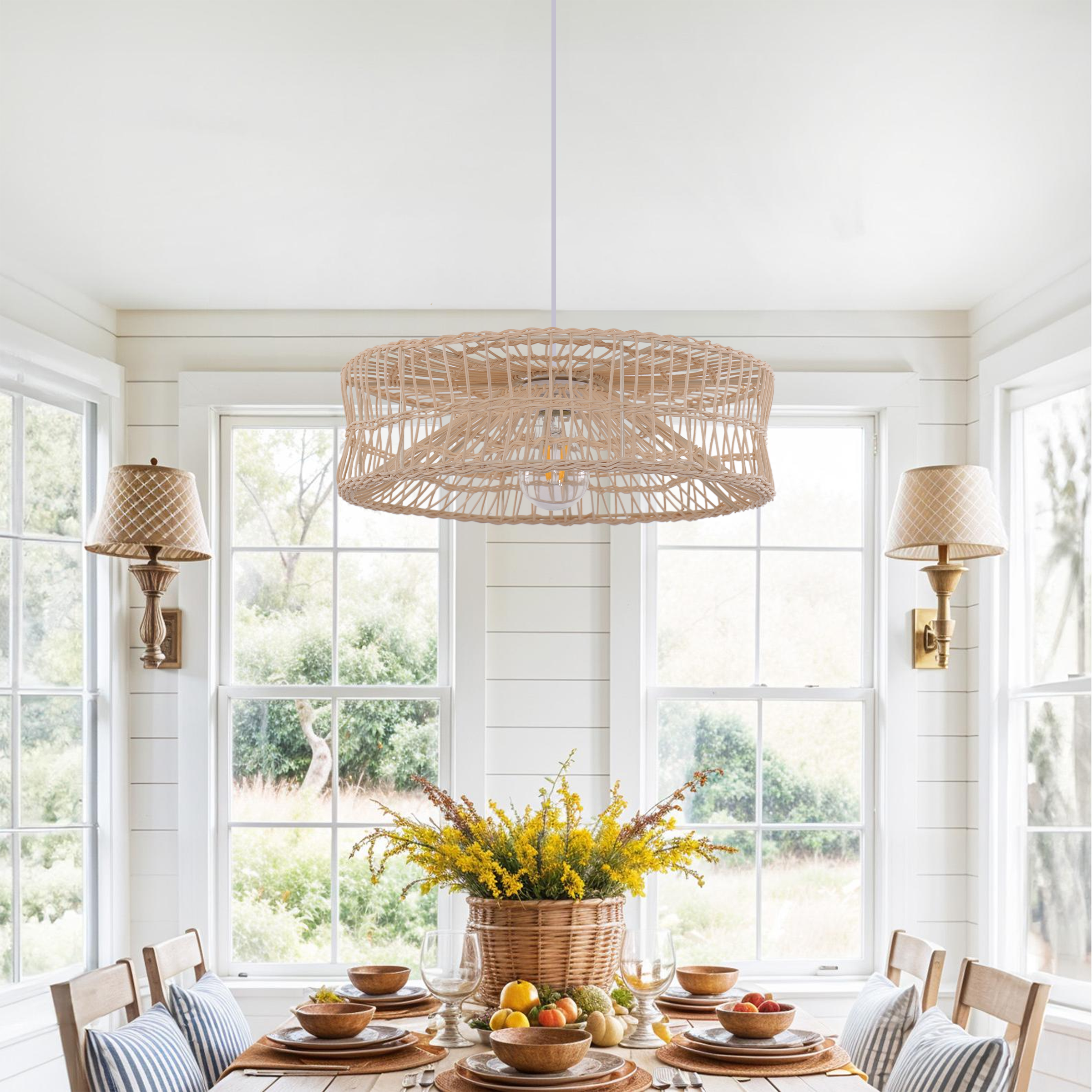 Shallow Rattan Pendant Light for Kitchen Island Dining Area or Reading Corner