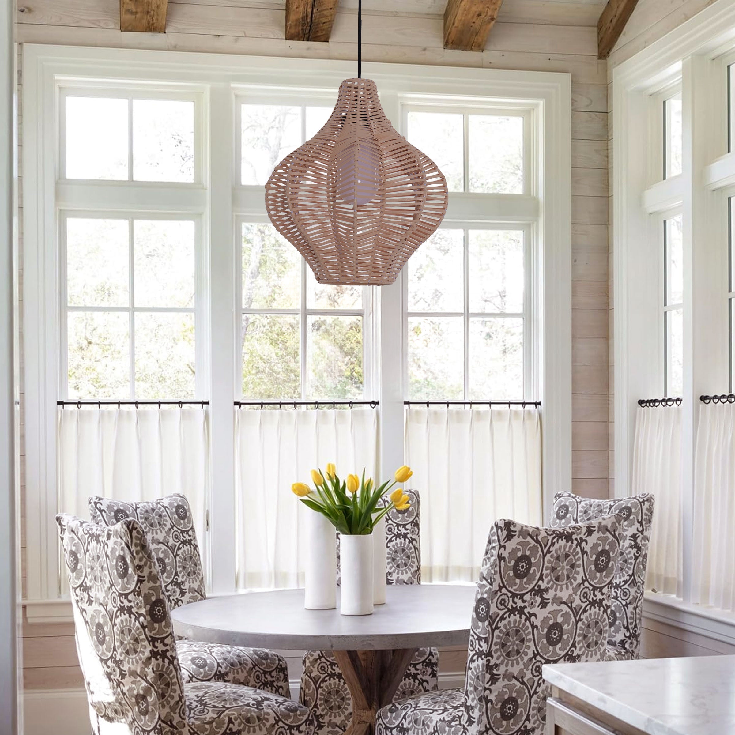 Minimalist Handmade Wooden Rattan Pendant Light – Modern Natural Pendant Light for Dining Room, Study, and Living Spaces