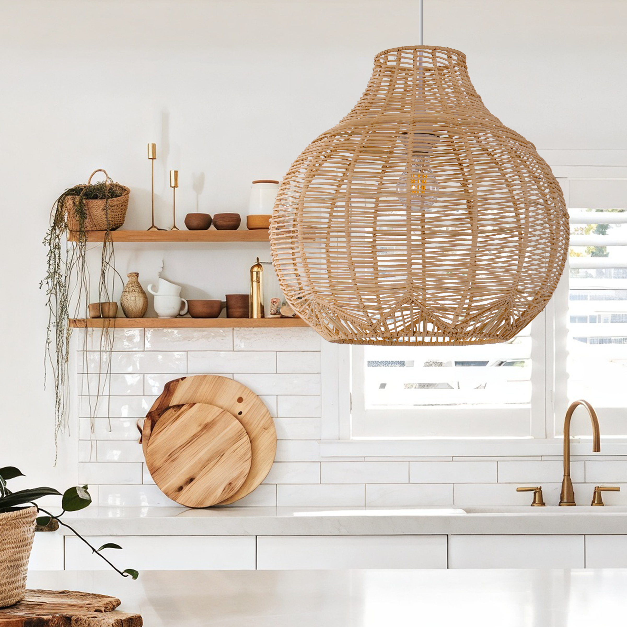 Open-Gourd Rattan Pendant Light for Kitchen & Dining Room