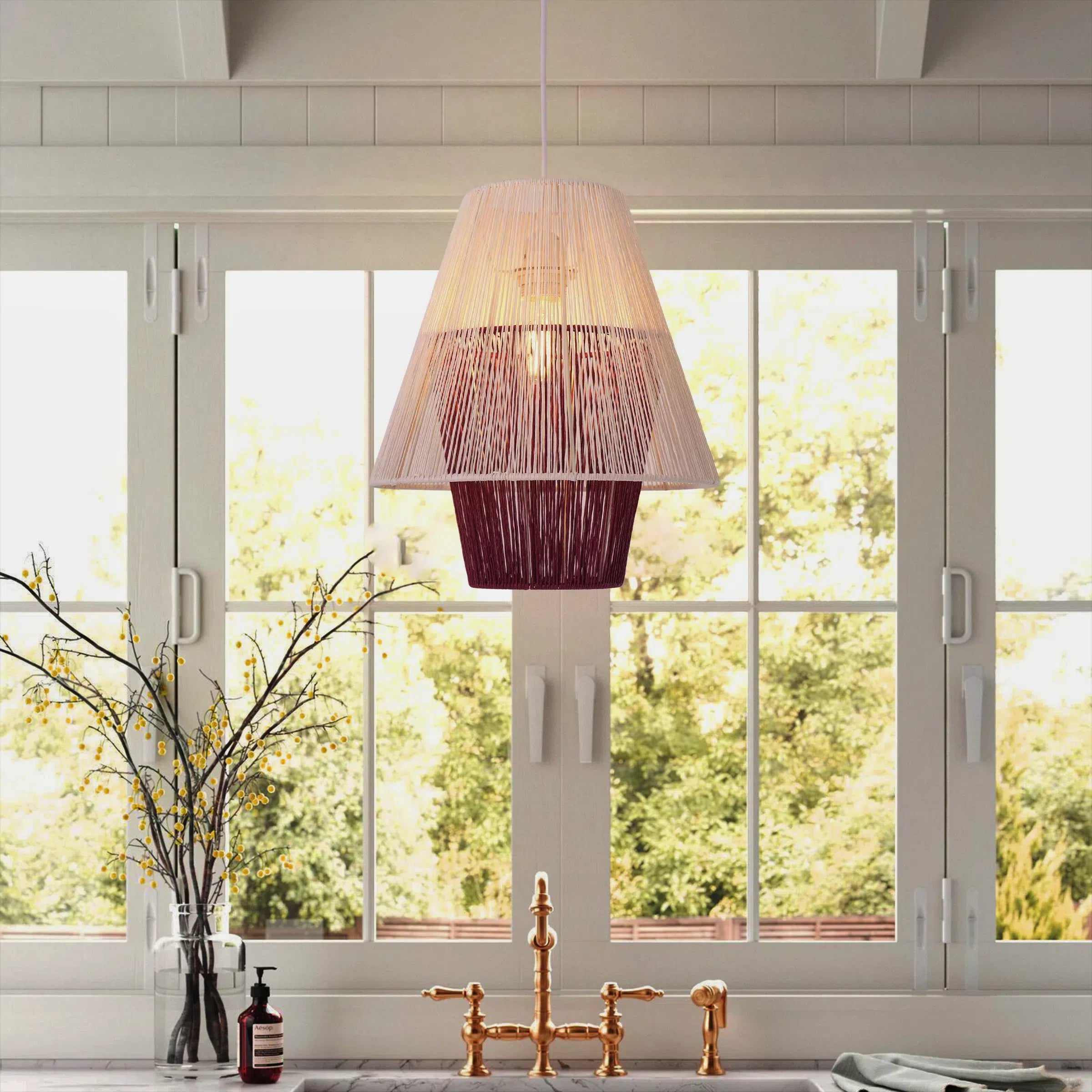 Modern White Pendant Light with Purple Paper Rope Design