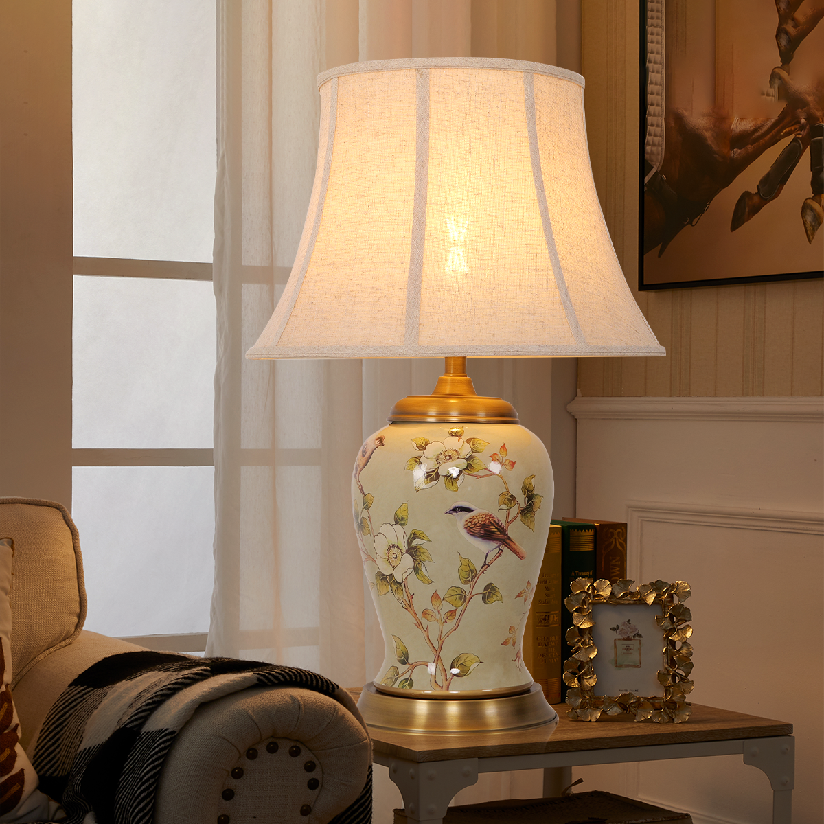 Vintage Camellia Ceramic Table Lamp with Copper Base and Fabric Shade
