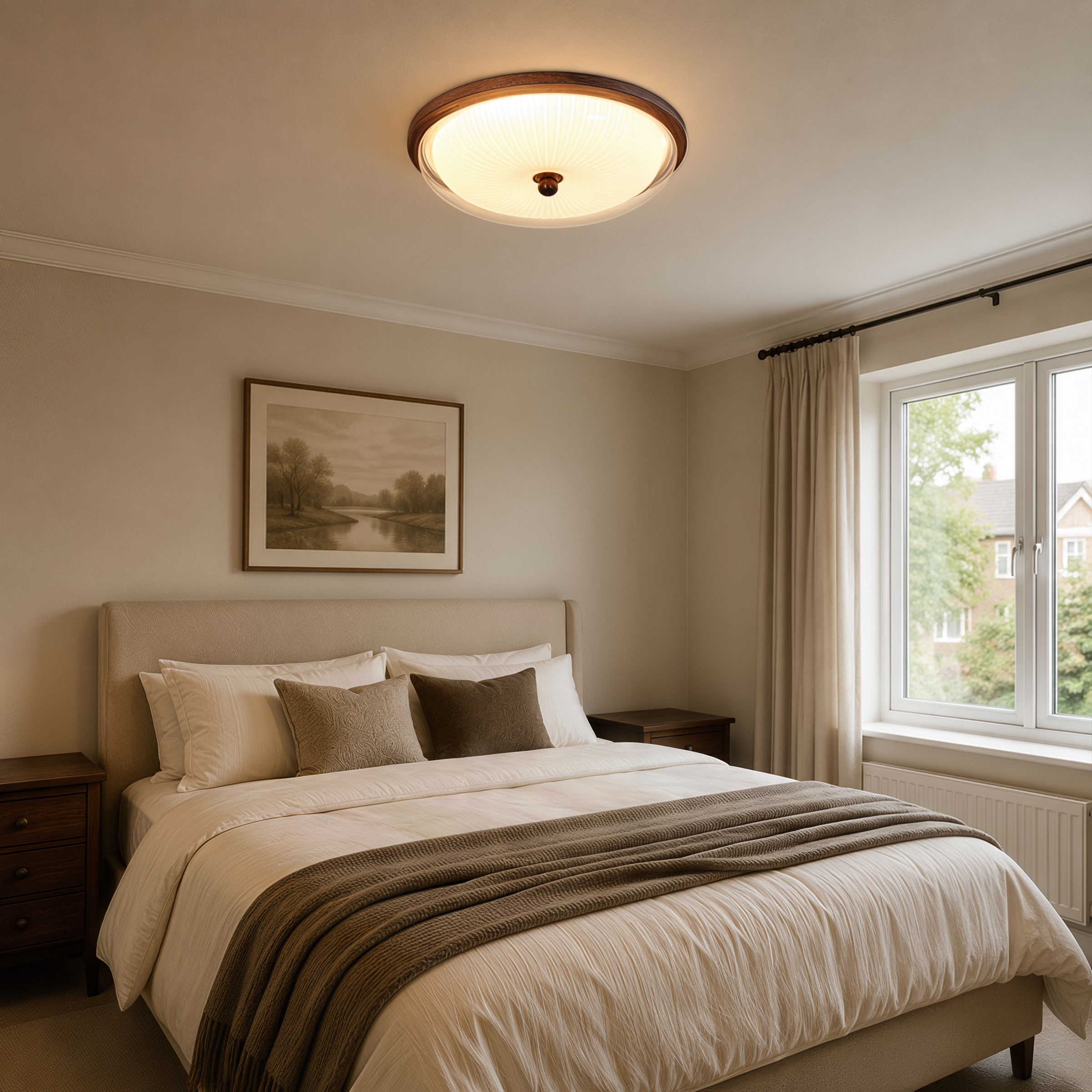 walnut ribbed acrylic ceiling light adding warm light to a bedroom