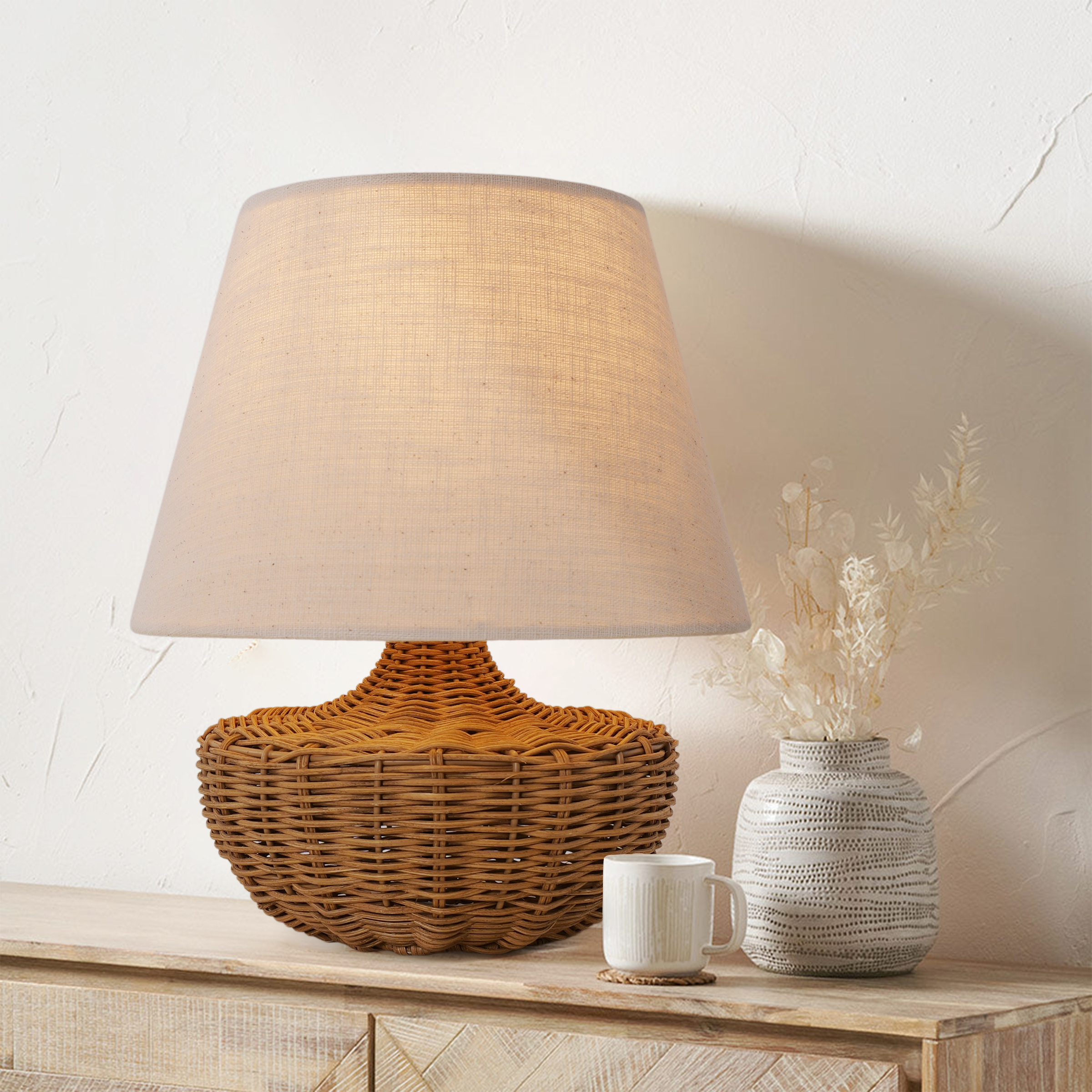 Handwoven Rattan Table Lamp with Linen Shade for Bedside & Living Room Lighting