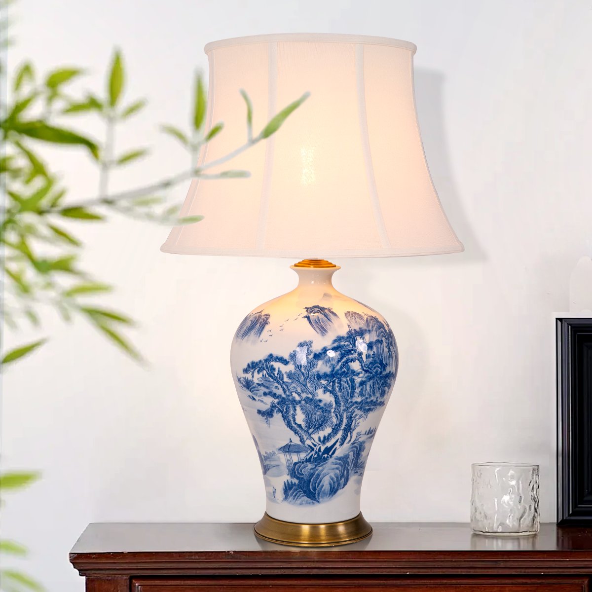 Classic Blue and White Ceramic Table Lamp with Fabric Shade