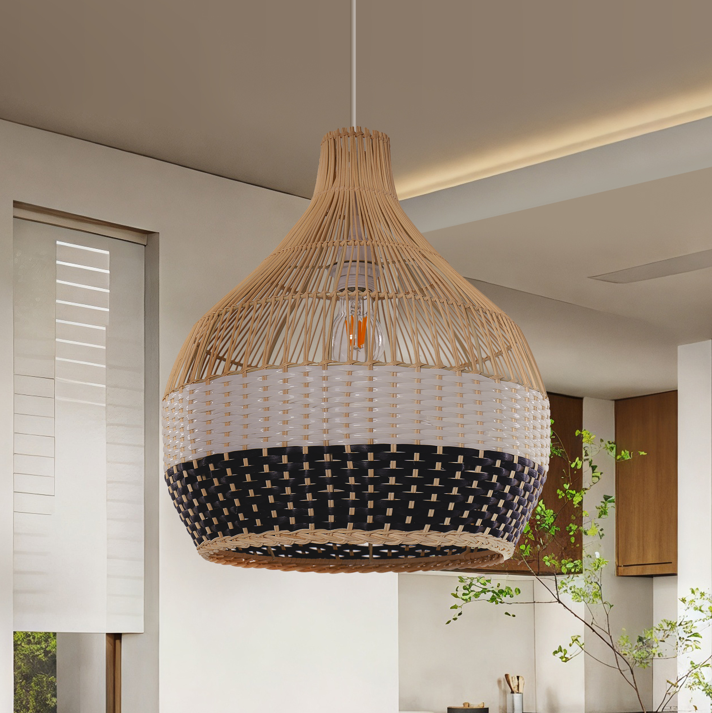 Dewlight-Black & White Rattan Pendant Lighting | Farmhouse Kitchen Island Light