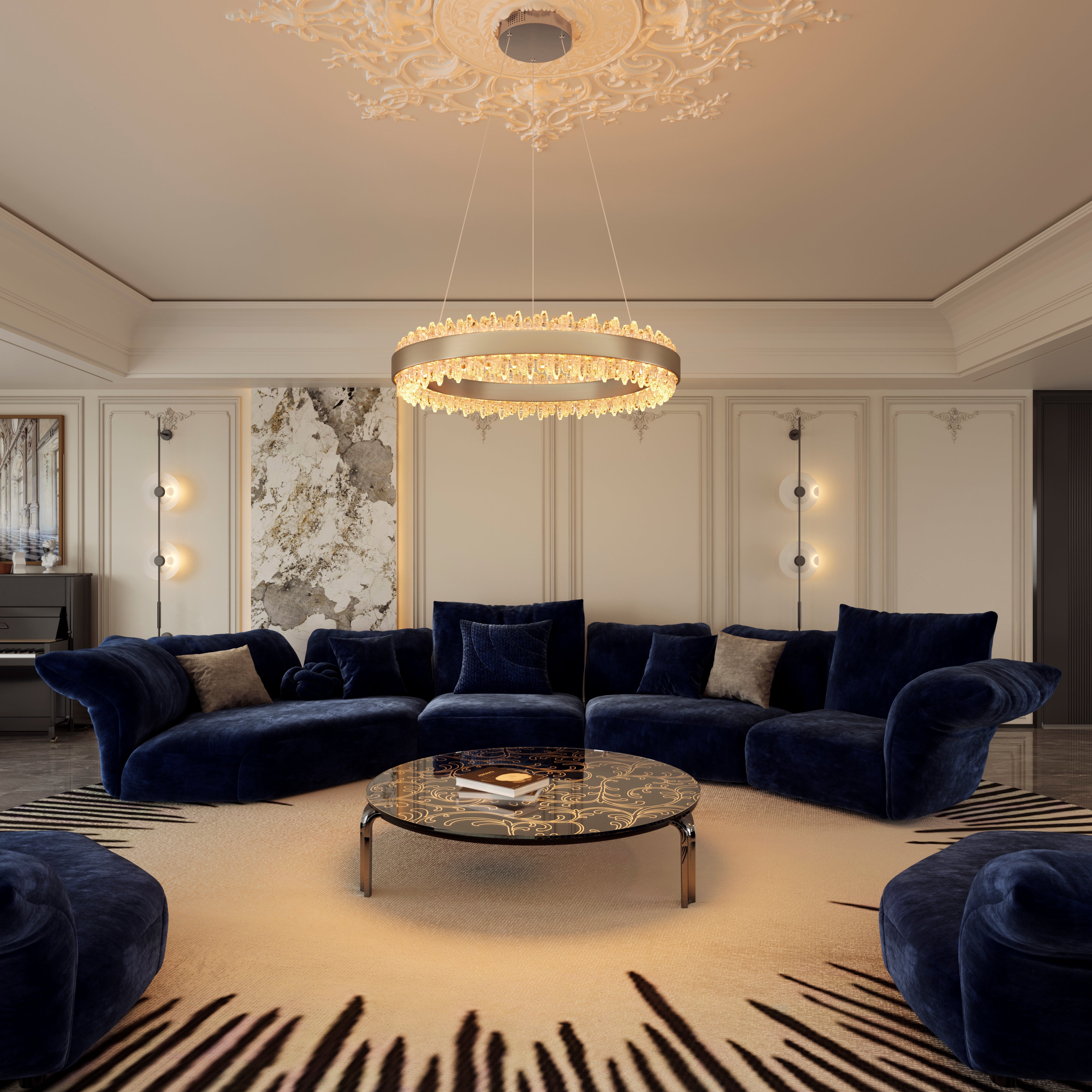 Stylish Gold LED Circular Pendant Light with Crystal Edges