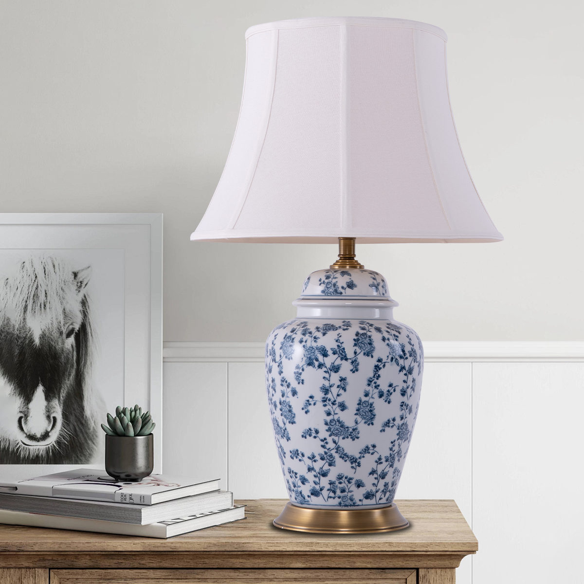 Large Blue Floral Ceramic Table Lamp with Brass Base and Fabric Shade