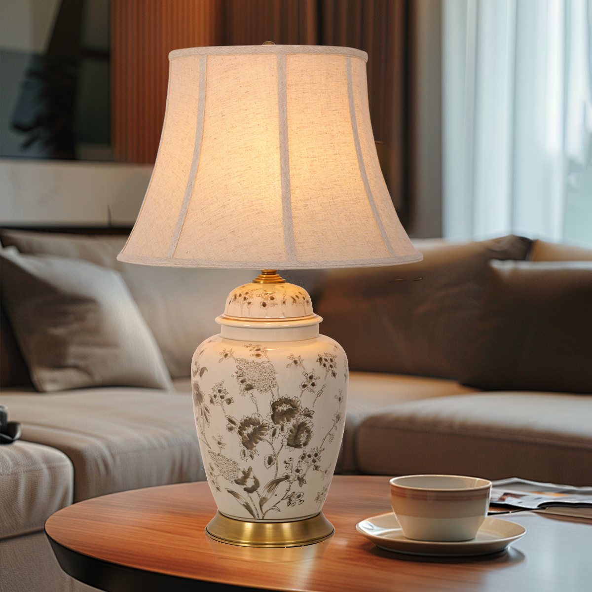 Chrysanthemum Ceramic and Copper Table Lamp with Fabric Shade