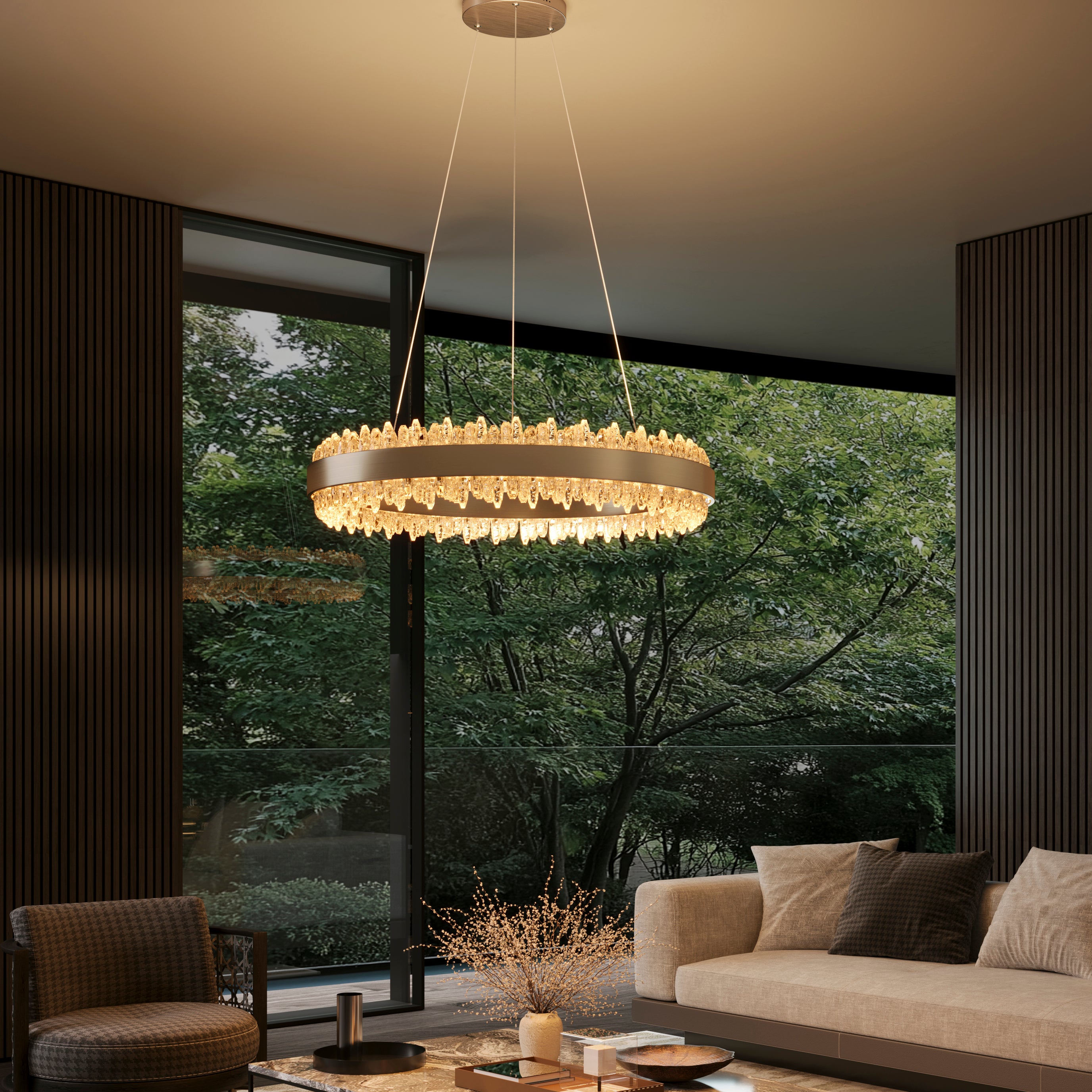 Stylish Gold LED Circular Pendant Light with Crystal Edges