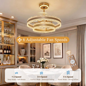 Six-speed gold halo ceiling fan light shown above a stylish dining room
