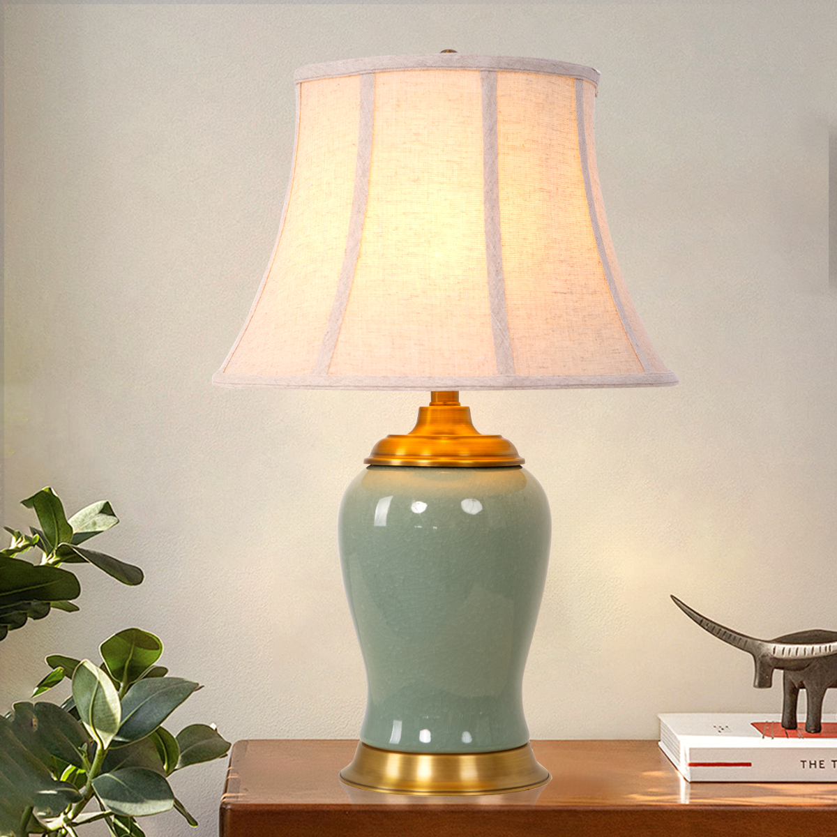 Vintage Green Crackle Ceramic Table Lamp with Fabric Shade