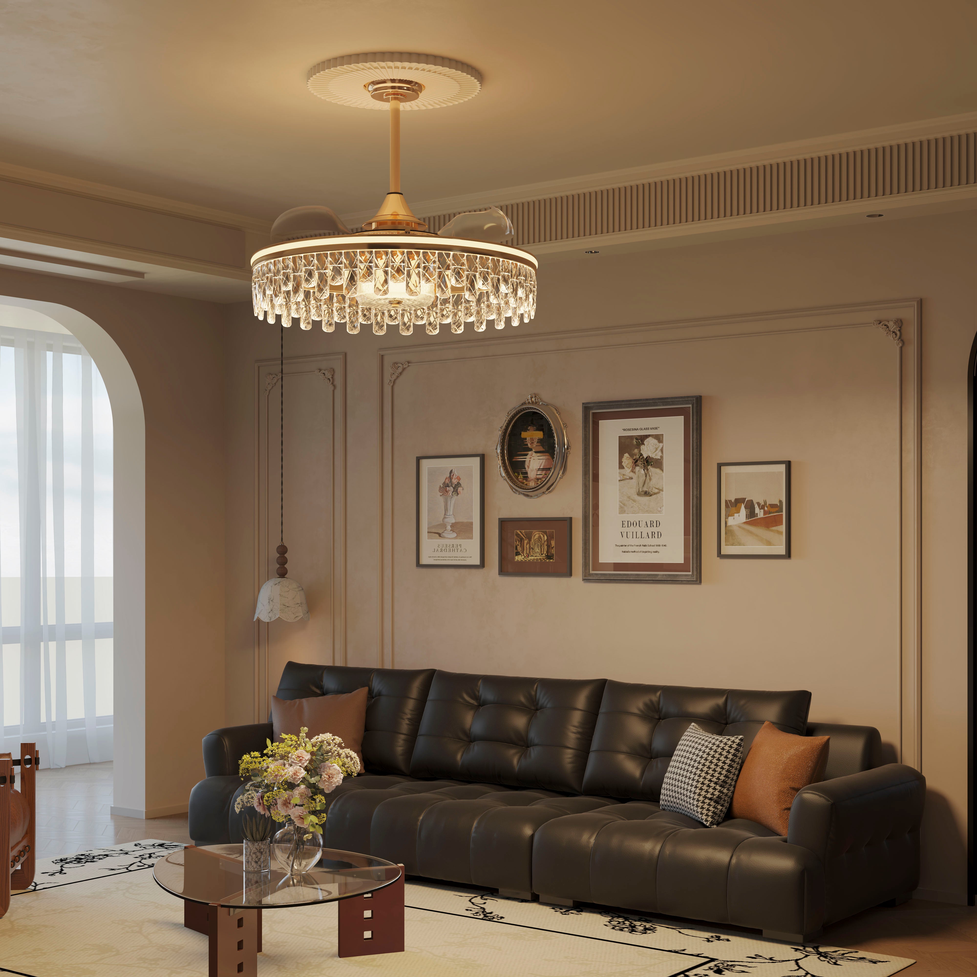 Elegant Quiet Gold Crystal Ceiling Fan with Light, 6-Speed Control & Dimmable Eye-Care Lighting