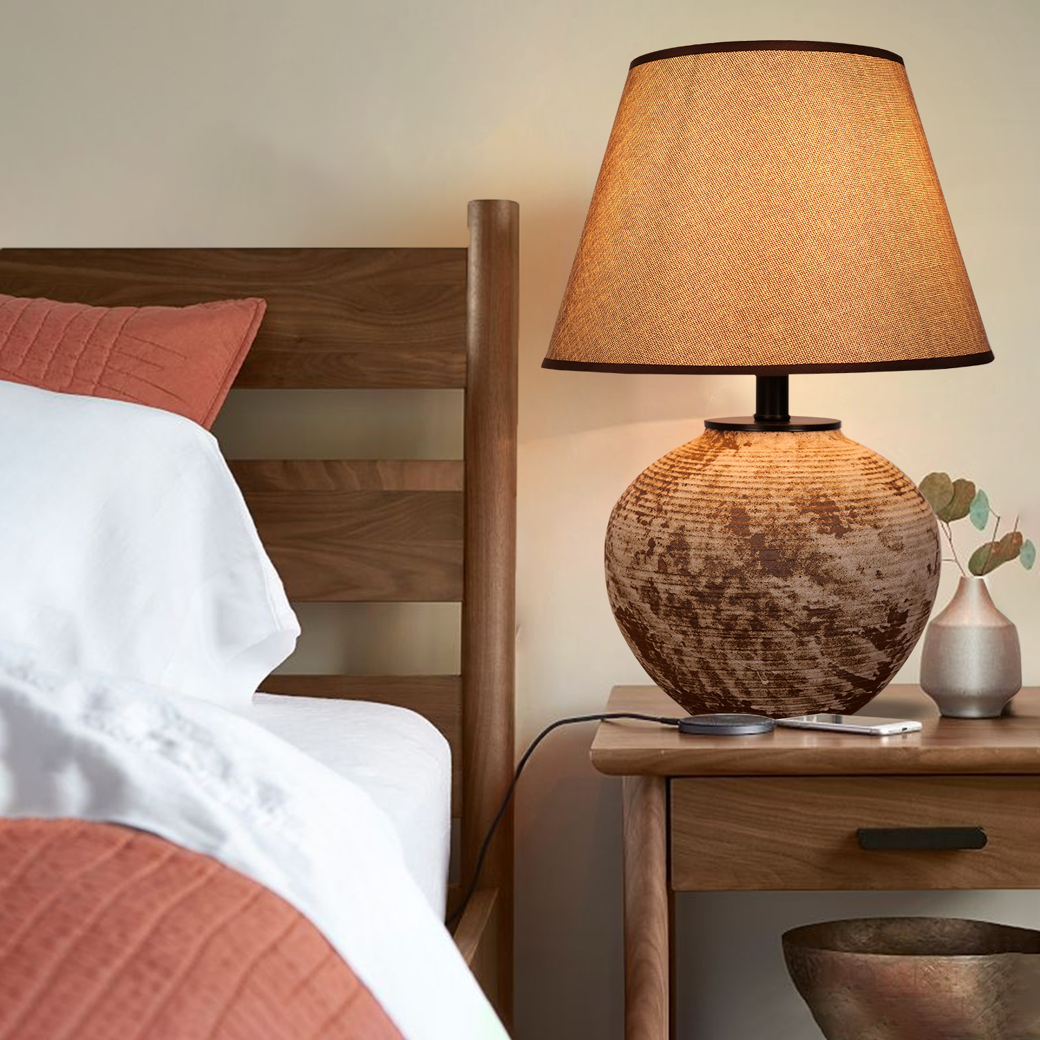Rustic Ceramic Table Lamp with Textured Base and Linen Shade