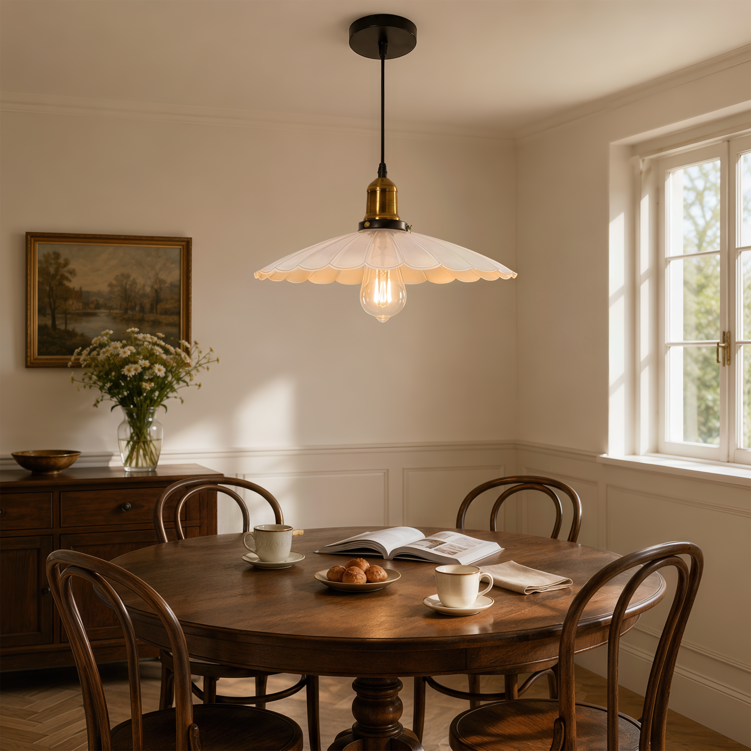 white iron pendant light styled in a calm bedroom