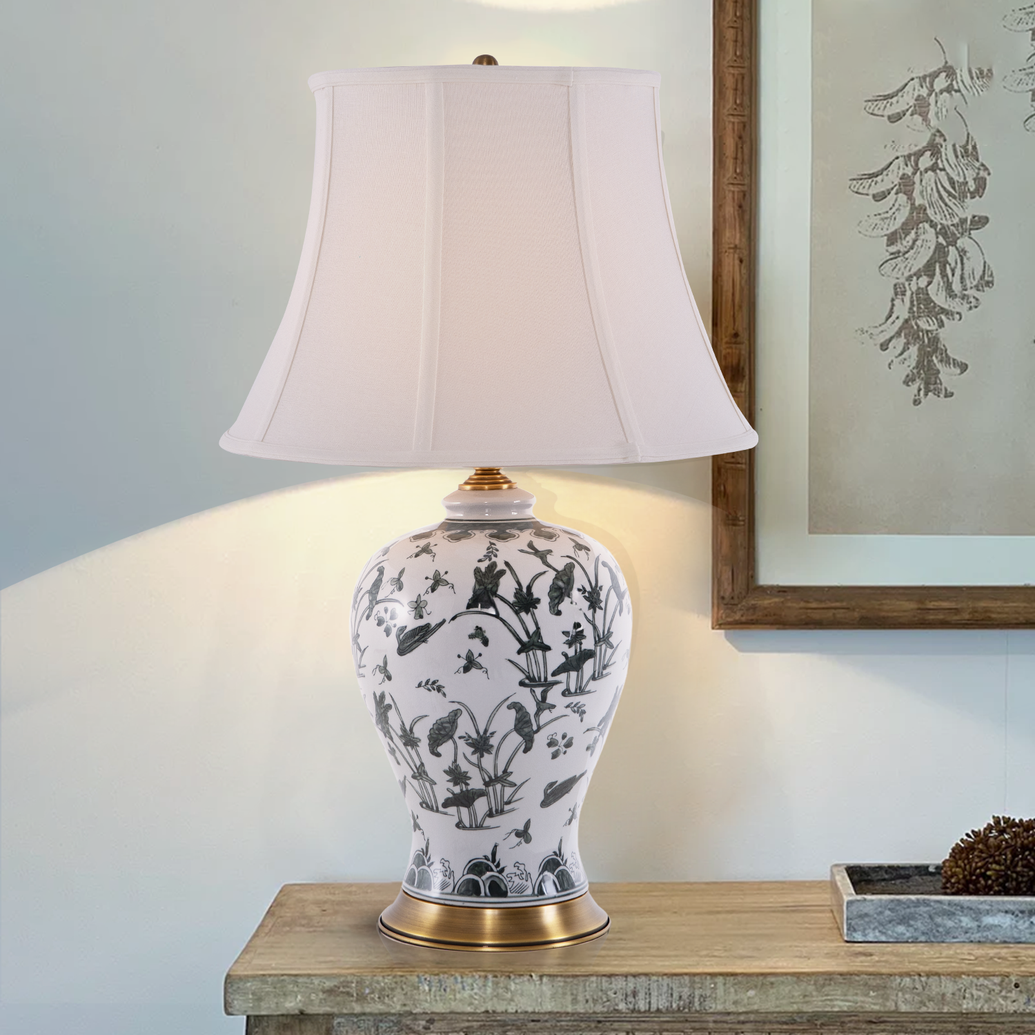 Classic Ceramic Table Lamp with Hand-Painted Lotus Pond Details