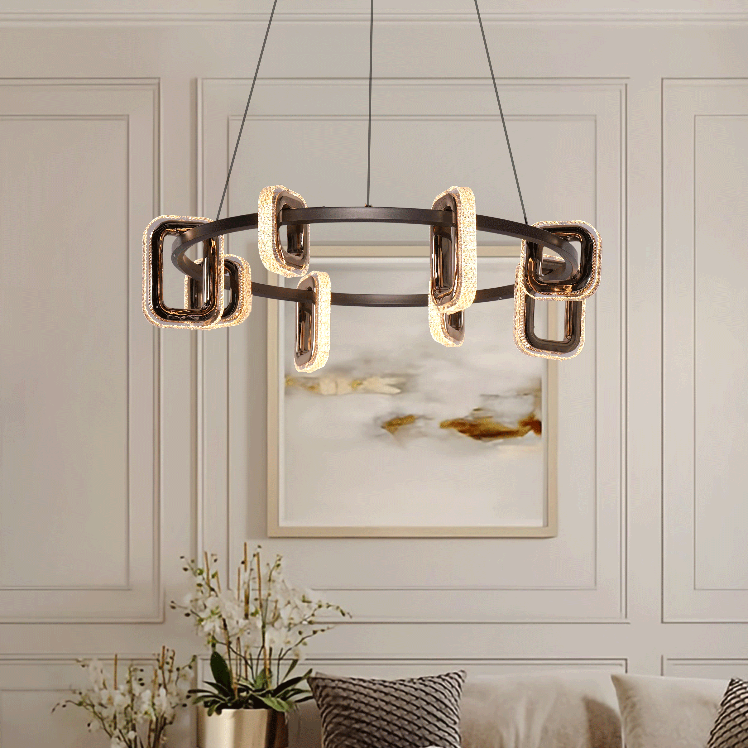 Gold Geometric LED Pendant Light with Acrylic Accents