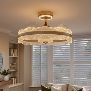 Acrylic fan light with glowing shade in living room ceiling view
