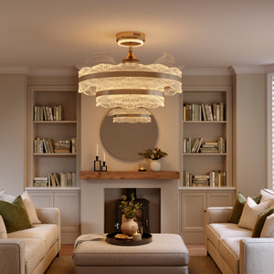 Warm white acrylic fan light in modern living room with fireplace