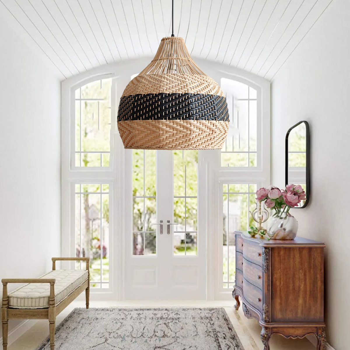 Elegant Dual-Tone Handwoven Natural Rattan Pendant Light
